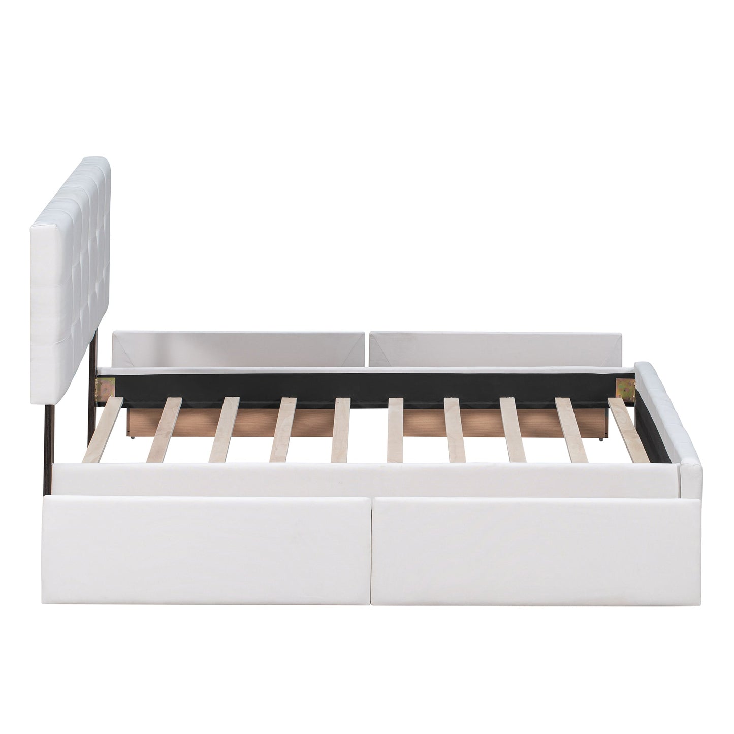 Upholstered Platform Bed with Classic Headboard and 4 Drawers No Box Spring Needed Linen Fabric Queen Size White - Korvel