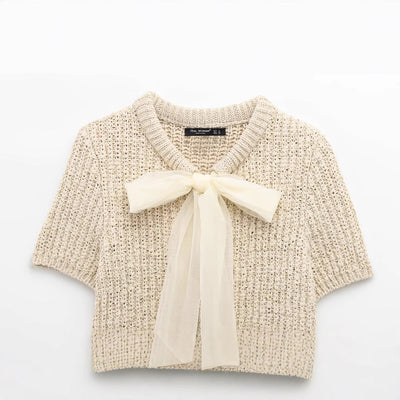 Elegant Transparent Knitted Bolero Jacket with Bow Detail