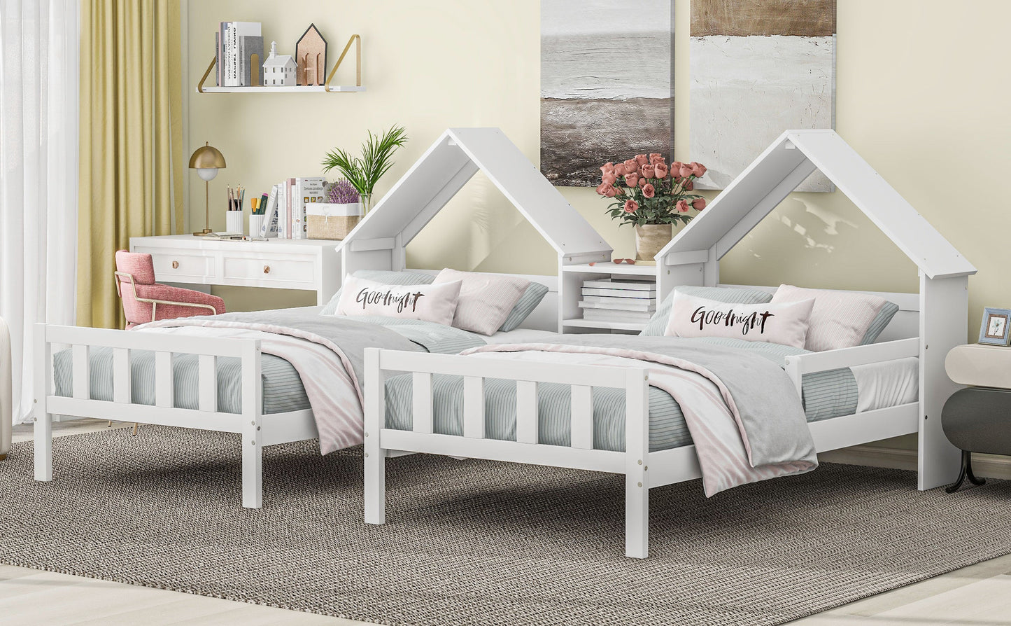 Double Twin Size Platform Bed with House Headboard and Nightstand, White