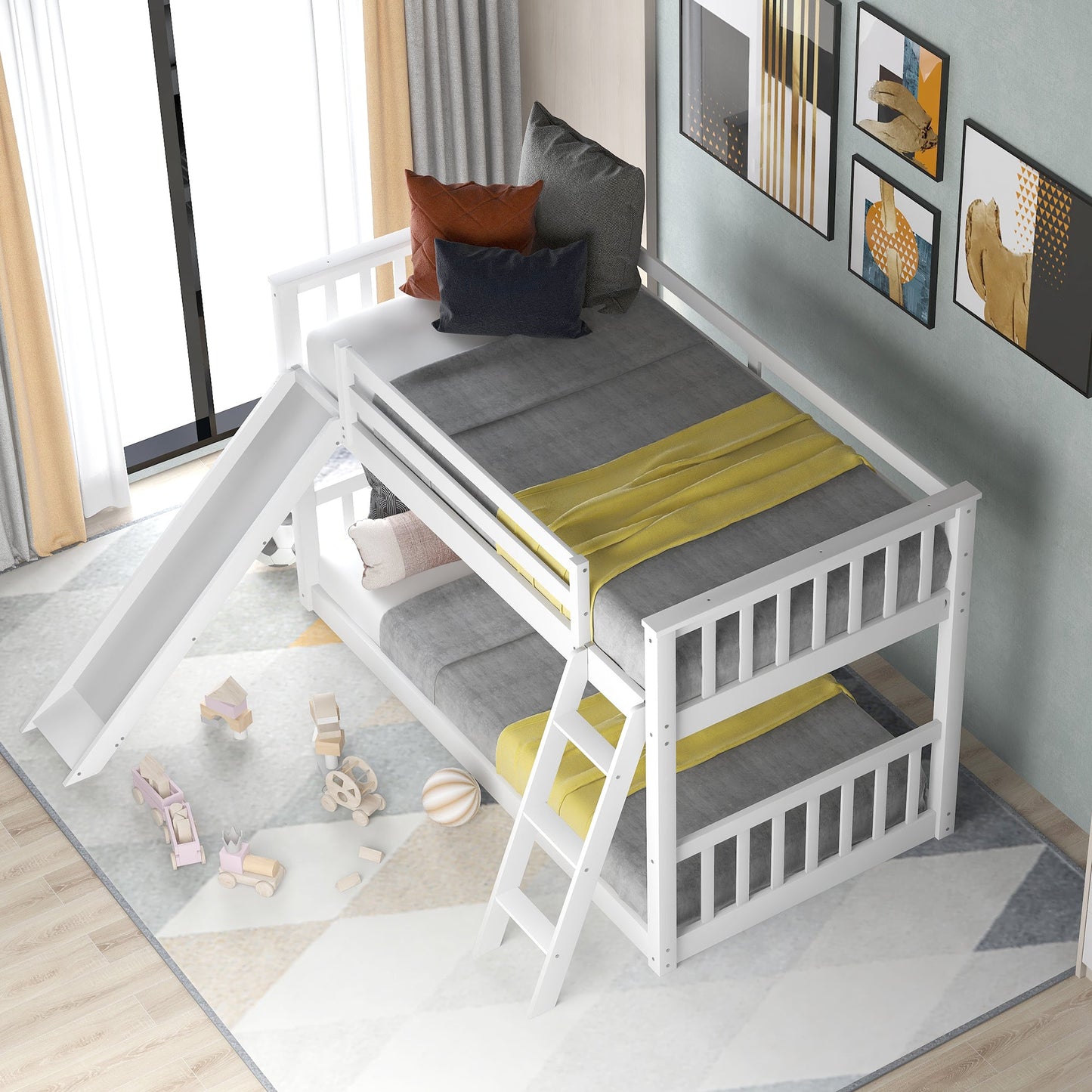 Twin Over Twin Bunk Bed with Convertible Slide and Ladder - White
