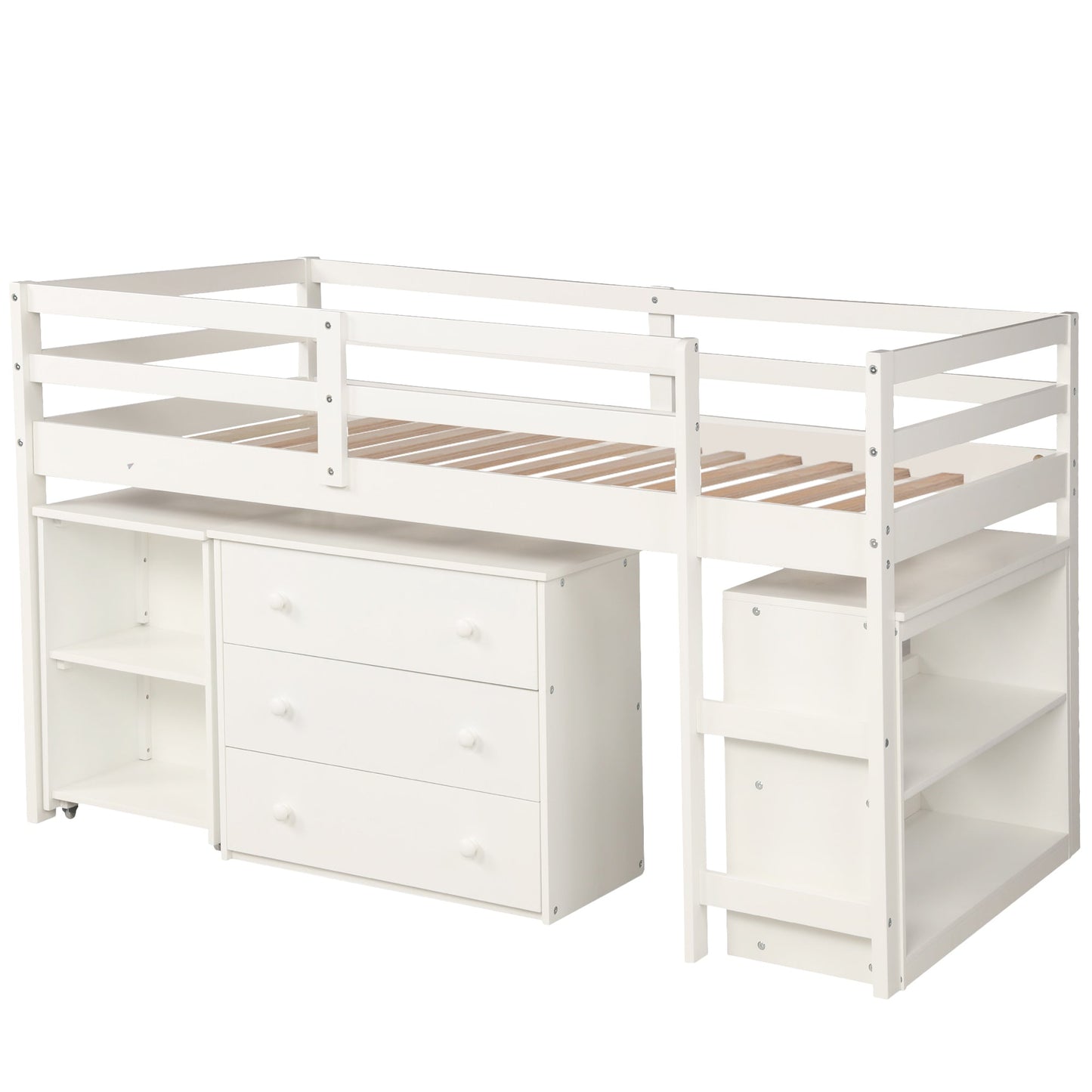 Low Study Twin Loft Bed with Cabinet and Rolling Portable Desk - White (OLD SKU :LP000113AAK) - Korvel