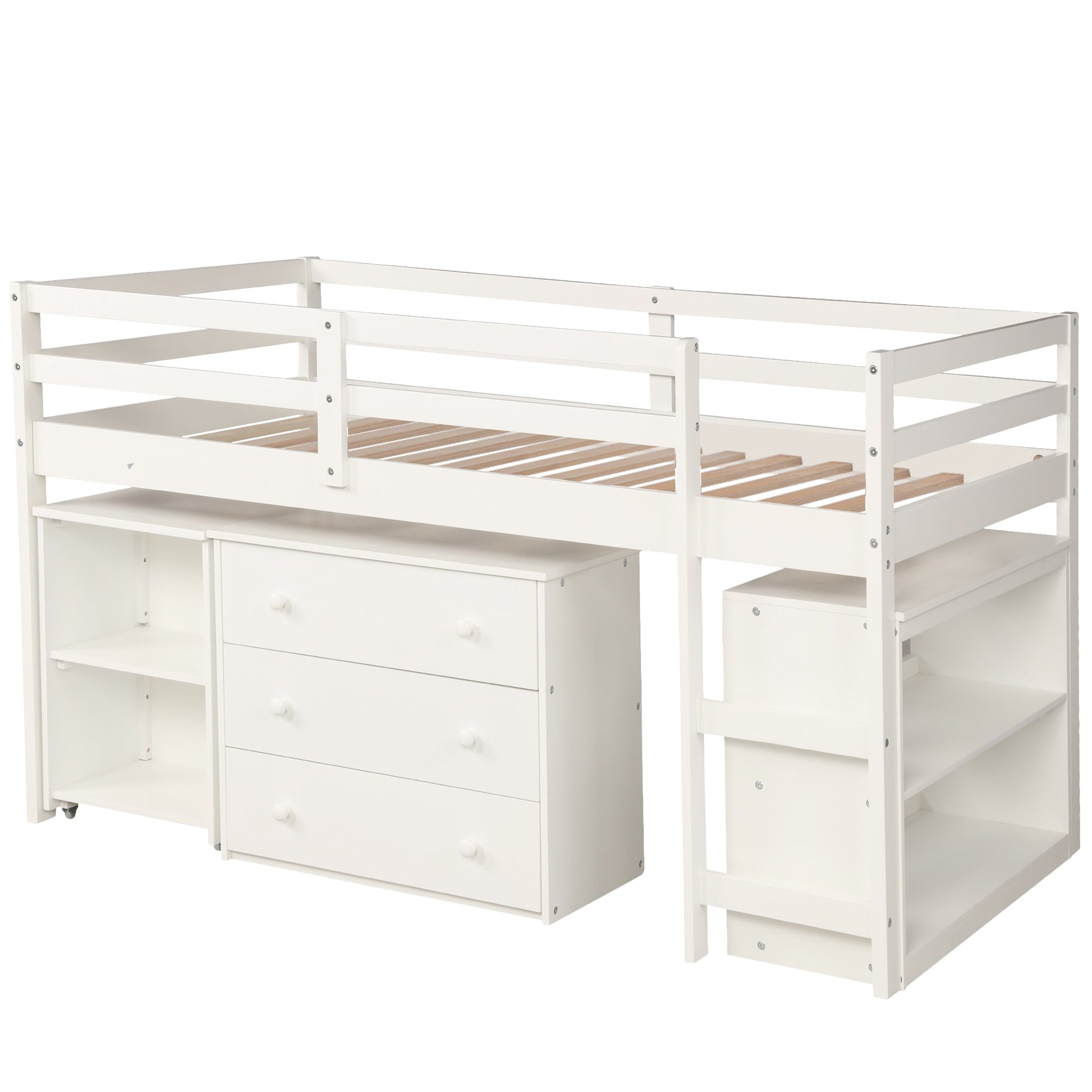Low Study Twin Loft Bed with Cabinet and Rolling Portable Desk - White (OLD SKU :LP000113AAK) - Korvel