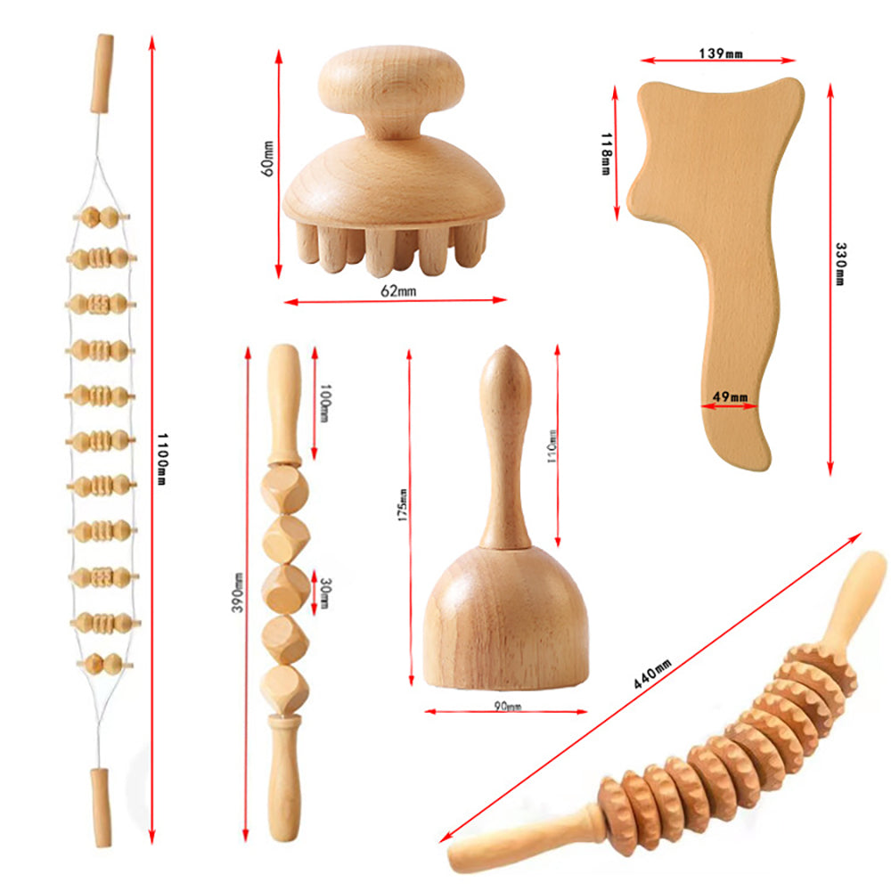 Beech wood therapy scraping cup, meridian dredging roller, tendon rolling stick, scraping board, head massager, massage set - Korvel
