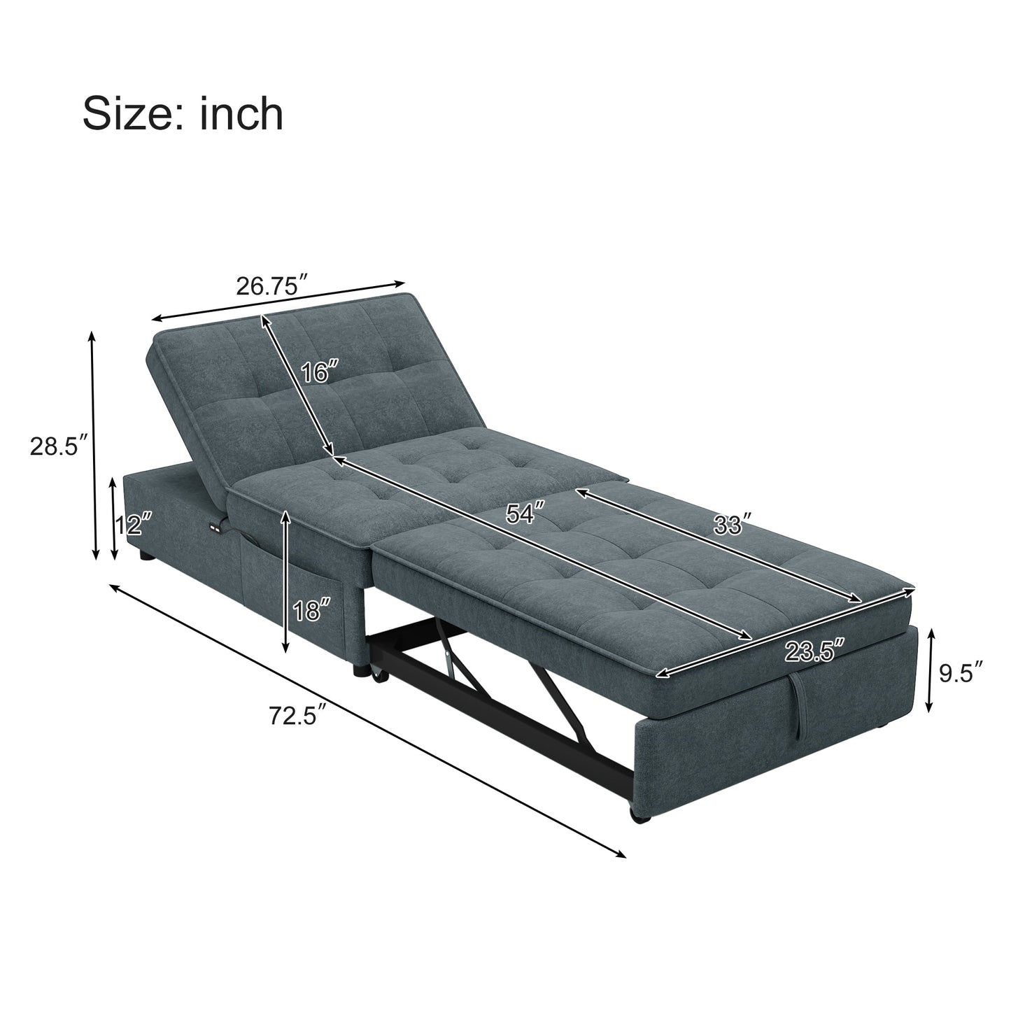 Four in one sofa bed, chair bed, multifunctional folding Ottoman bed with storage bag and USB port, dark blue - Korvel