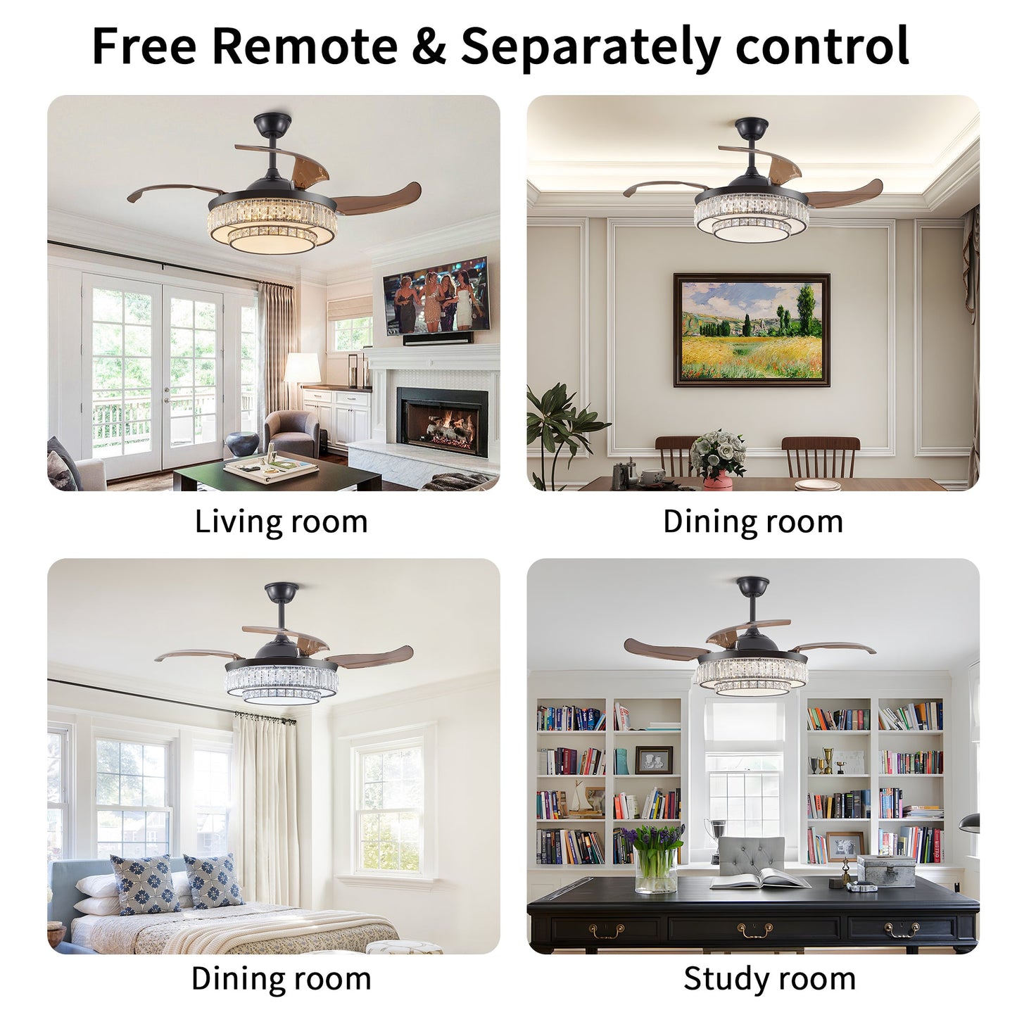Modern LED retractable ceiling fan with lighting and remote control, silent reversible motor, 4-blade modern ceiling fan - Korvel