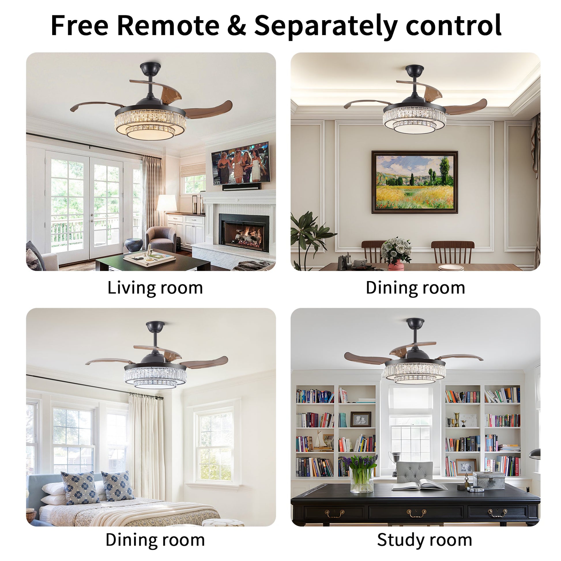 Modern LED retractable ceiling fan with lighting and remote control, silent reversible motor, 4-blade modern ceiling fan - Korvel