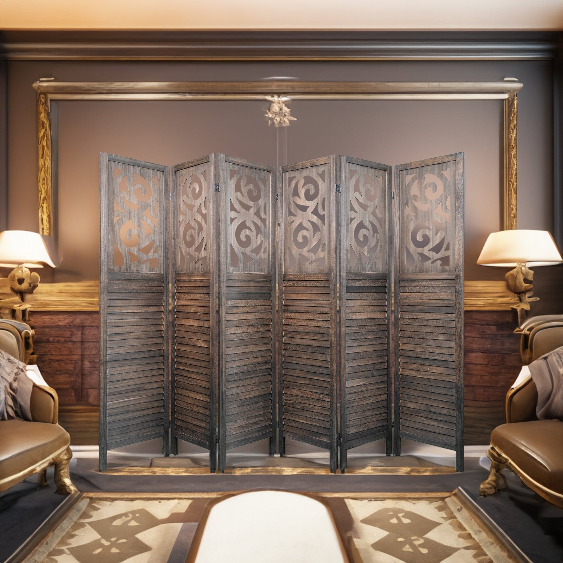 6 wooden partitions, 6FT carved wooden partitions, partition walls, wooden carved folding privacy screens, foldable brown color - Korvel