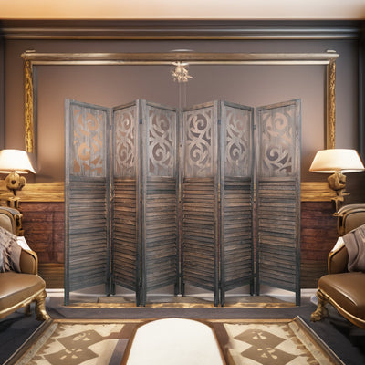 6 wooden partitions, 6FT carved wooden partitions, partition walls, wooden carved folding privacy screens, foldable brown color - Korvel