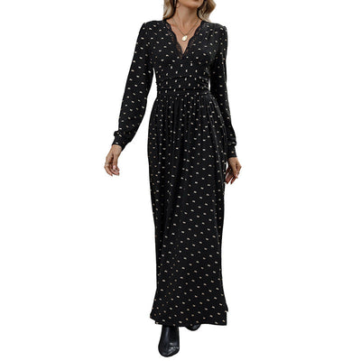Lace V-neck Bow Print Long Sleeve Dress - Korvel