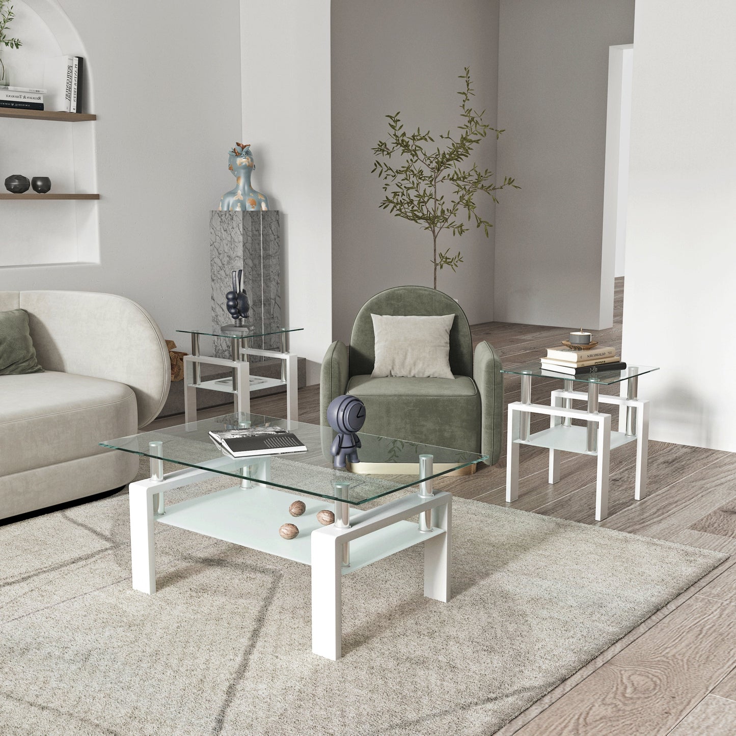 Set of 2 Modern Tempered Glass Coffee Tables
