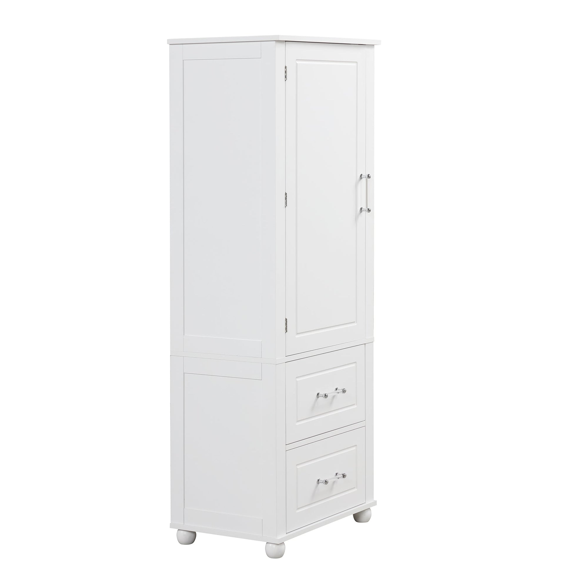 Tall bathroom storage cabinet with two drawers and adjustable shelves for independent storage - Korvel