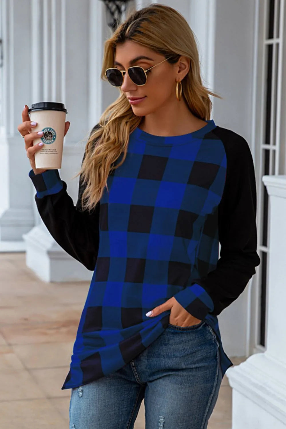 Plaid Round Neck Long Sleeve T-Shirt - Korvel