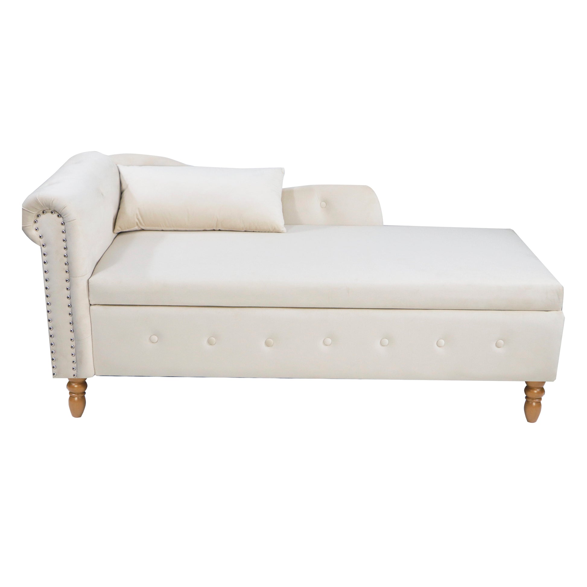 Beige Chaise Lounge Indoor Velvet Lounge Chair for Bedroom with Storage & Pillow Modern Upholstered Rolled Arm Chase Lounge - Korvel