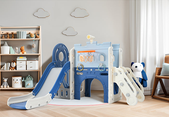 9-1 Toddler Slide Set,Kids Slide for Toddlers Ages 1+, Basketball Hoop, Tunnel and Storage Space, Pirate Ship Themed Slide - Korvel