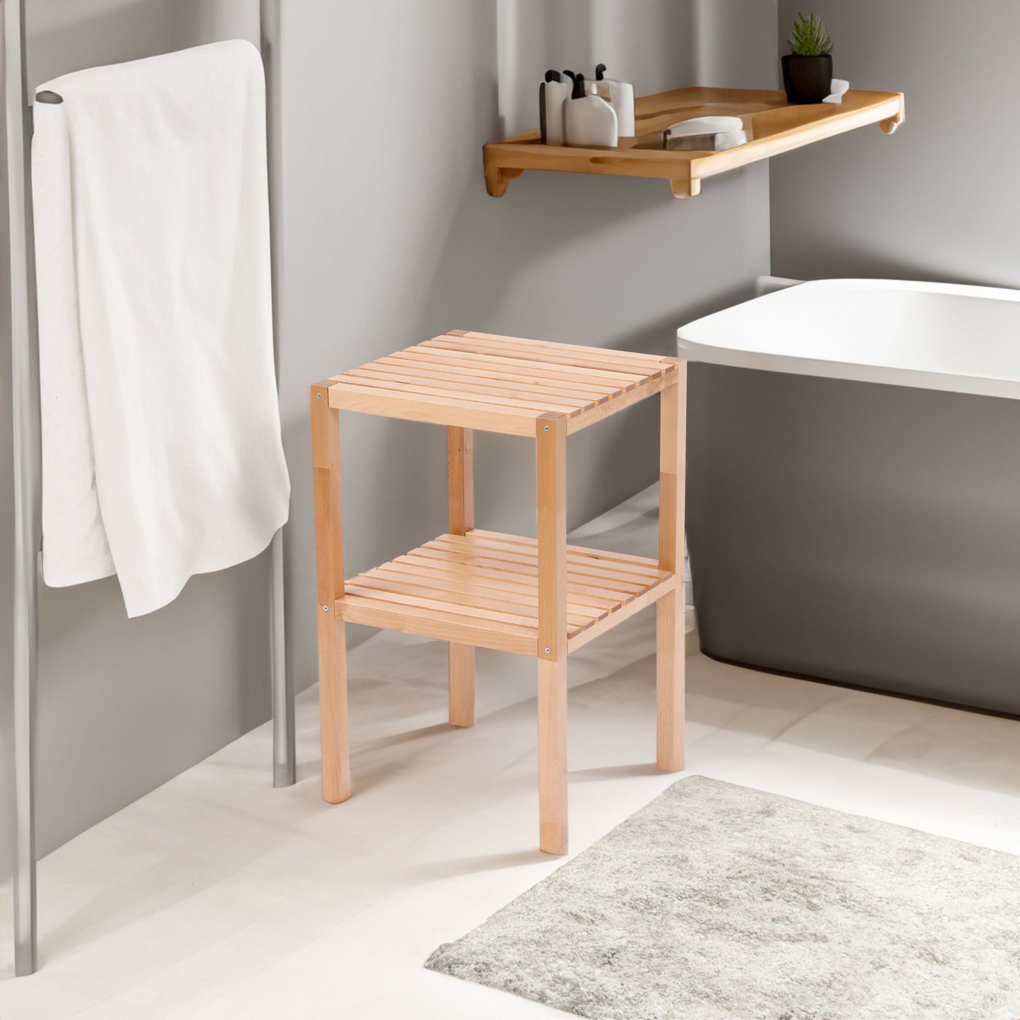 Étagère de salle de bain d'angle en bouleau à 2 niveaux - Unité de rangement en bois naturel