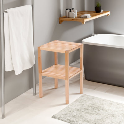 Étagère de salle de bain d'angle en bouleau à 2 niveaux - Unité de rangement en bois naturel