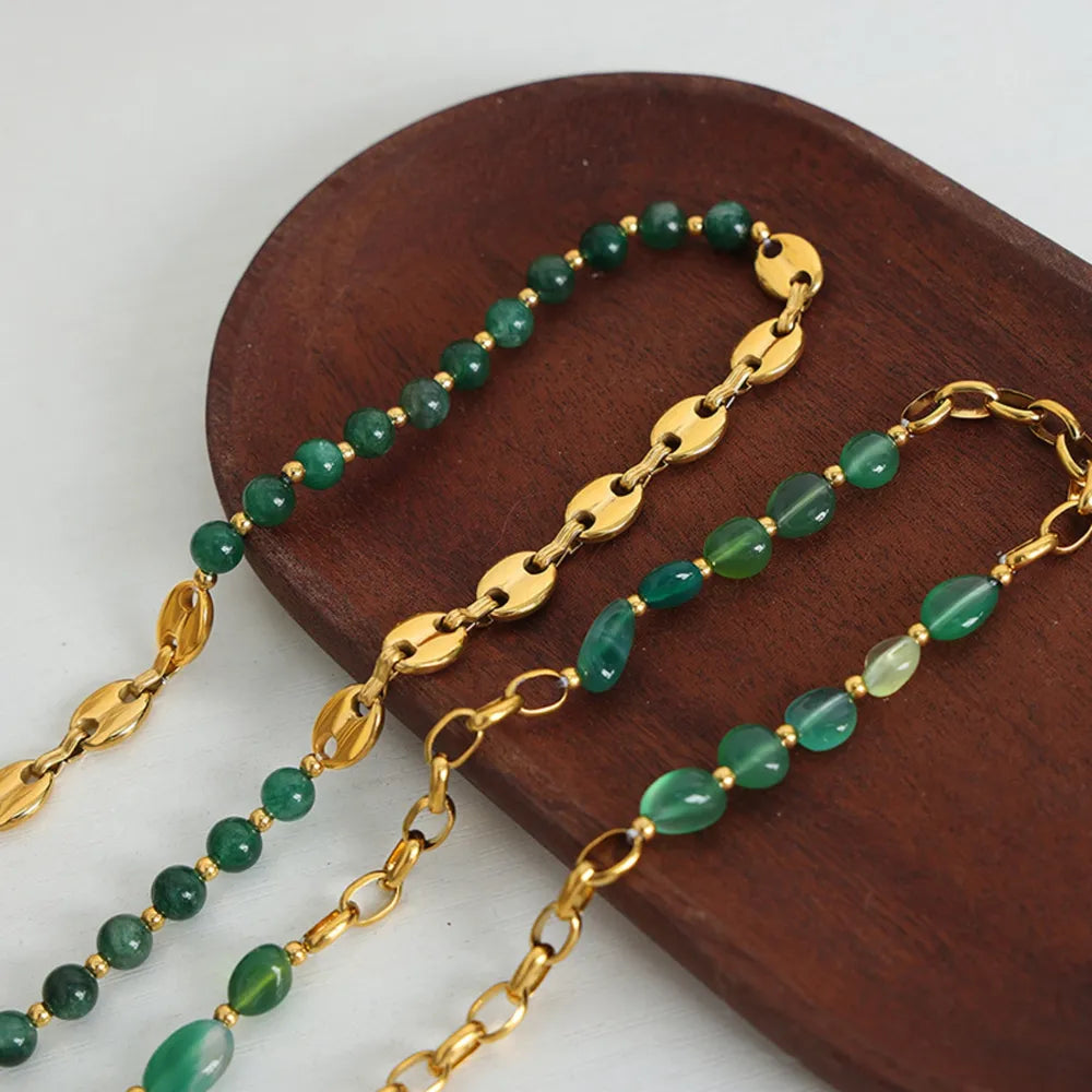 Collier en Chaîne de Perles d'Agate Élégant en Acier Titane Plaqué Or