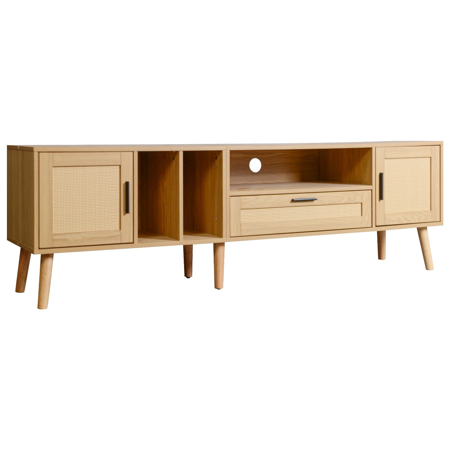 Vine TV stand with 2 cabinets and 2 open shelves, suitable for TVs under 80 inches, with solid wood legs for TV cabinets - Korvel