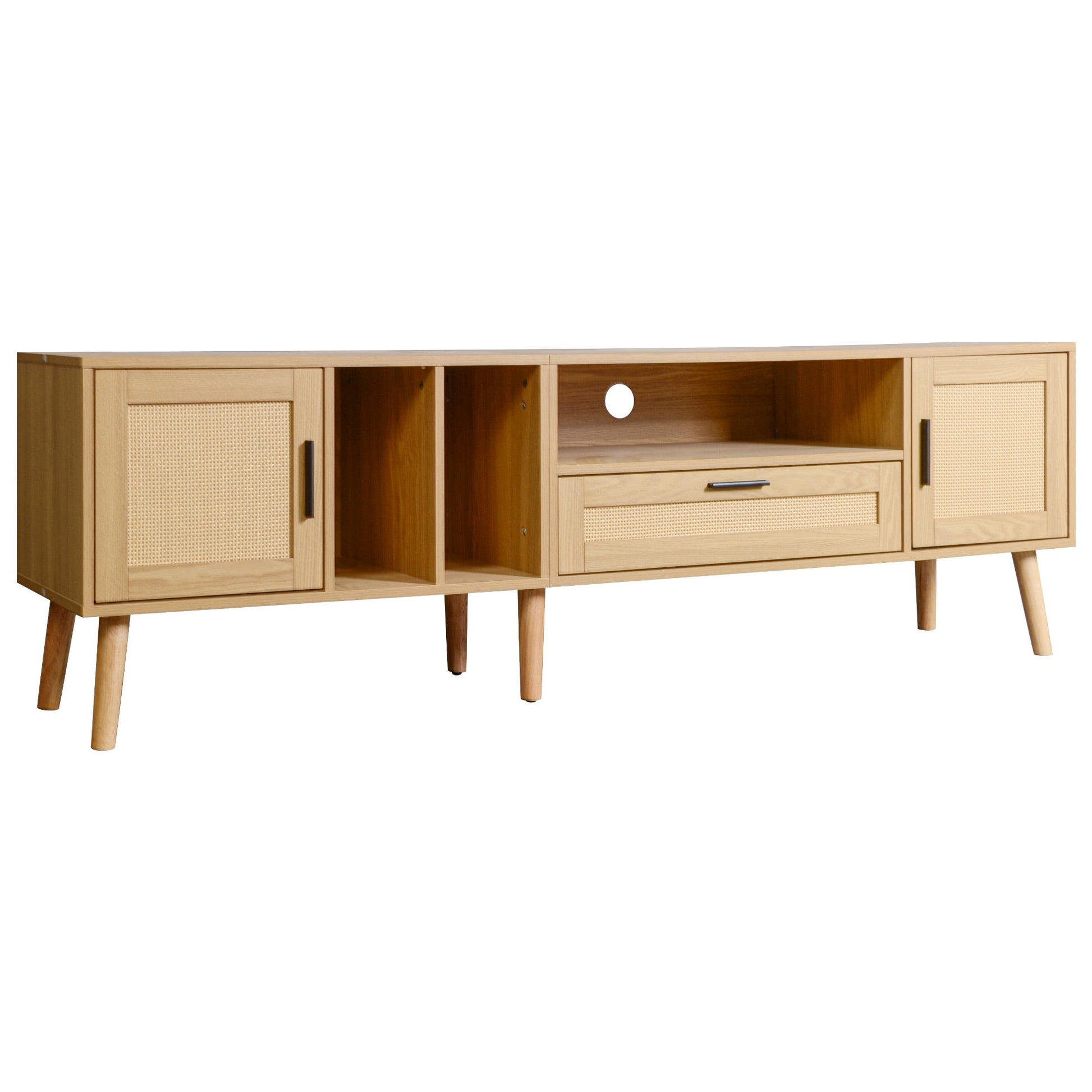 Vine TV stand with 2 cabinets and 2 open shelves, suitable for TVs under 80 inches, with solid wood legs for TV cabinets - Korvel