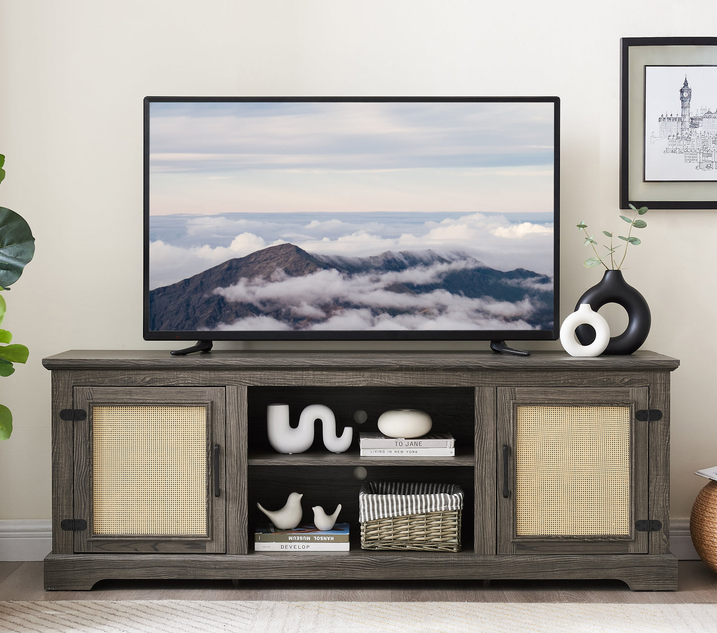 Vine TV stand console table, suitable for TVs under 70 inches, equipped with 2 storage shelves and 2 natural rattan doors, gray - Korvel