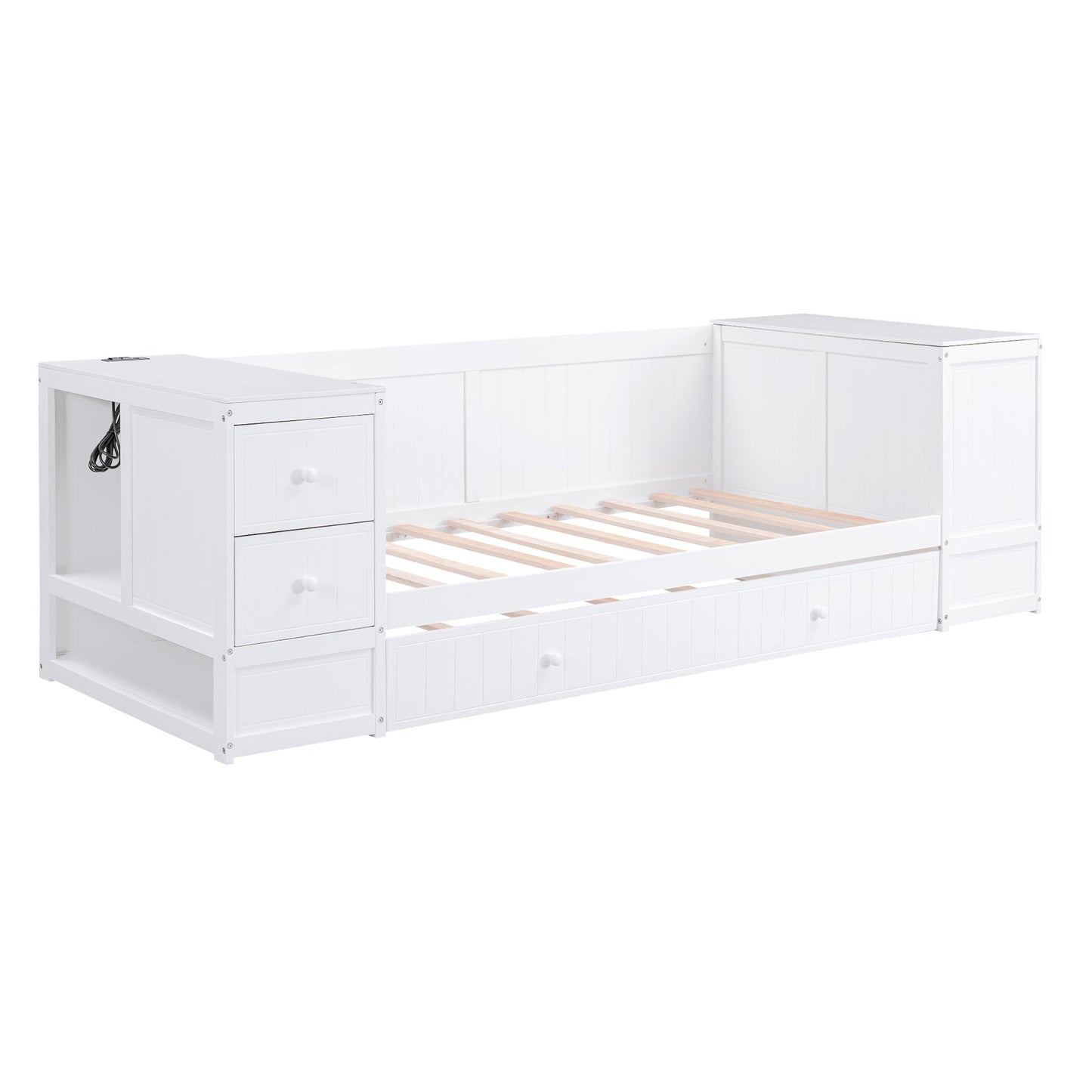 Twin Size Daybed with Storage Arms  Trundle and Charging Station White - Korvel