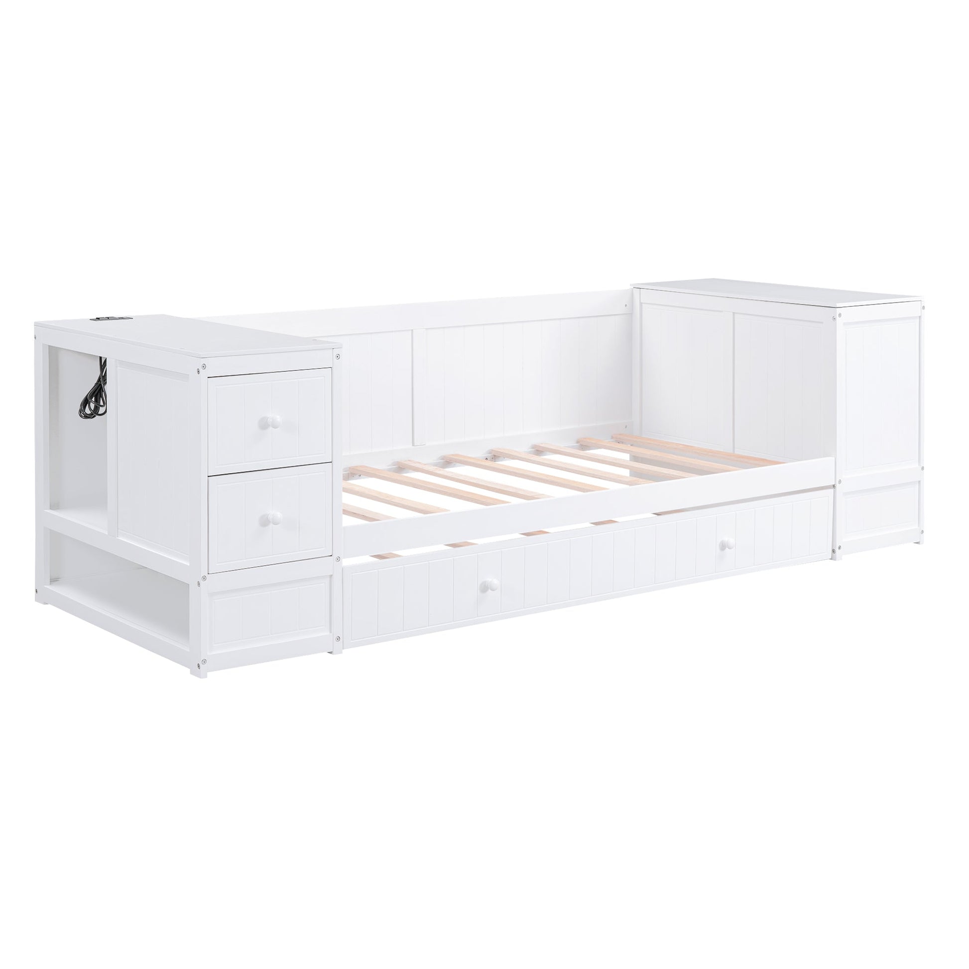 Twin Size Daybed with Storage Arms  Trundle and Charging Station White - Korvel
