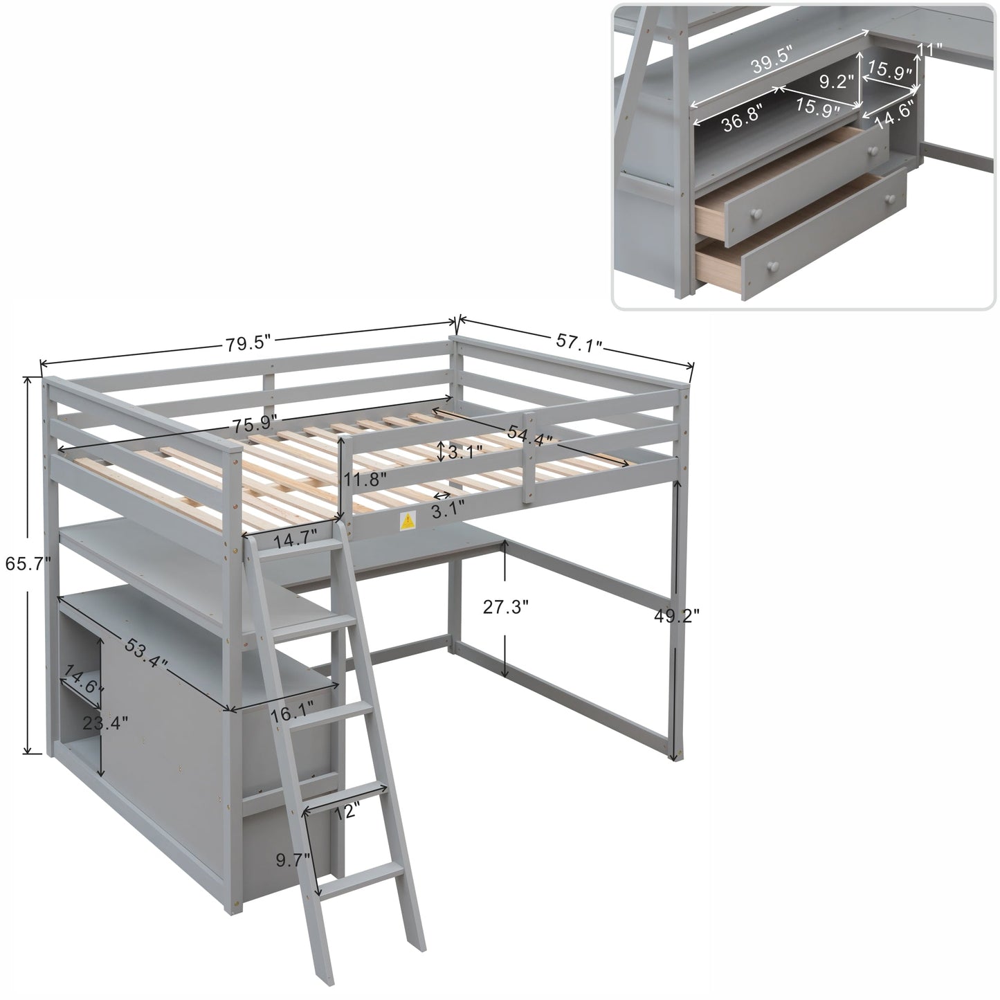 Full Size Loft Bed with Desk and Shelves - Gray