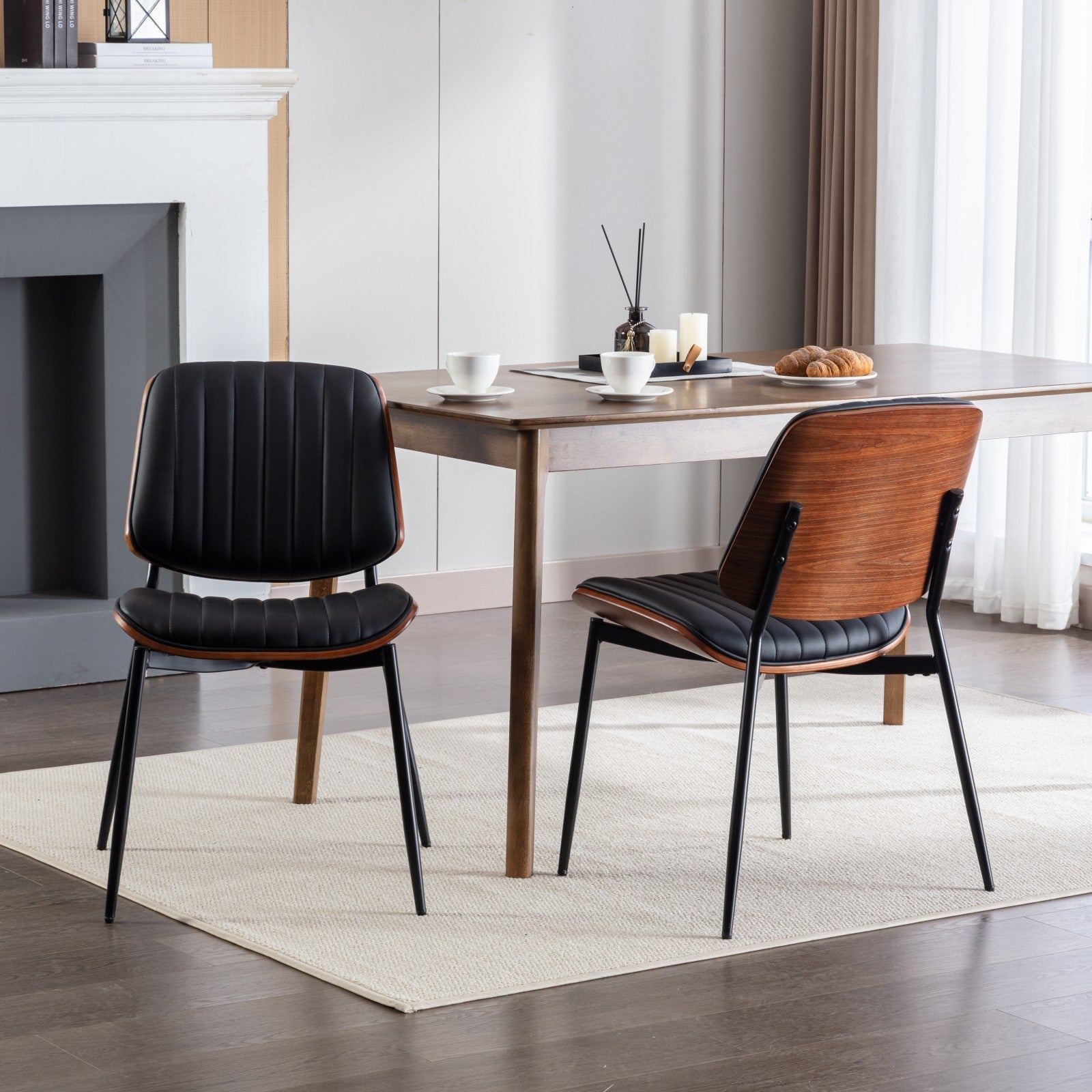 2-piece retro linen chair set with curved wooden backrest, cushioned seat, adjustable metal legs, (Black PU) - Korvel