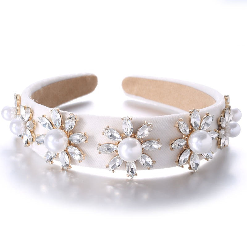 Retro Baroque Large Pearl Flower Set with Colorful Diamonds Fashion Hair Hoop - Korvel