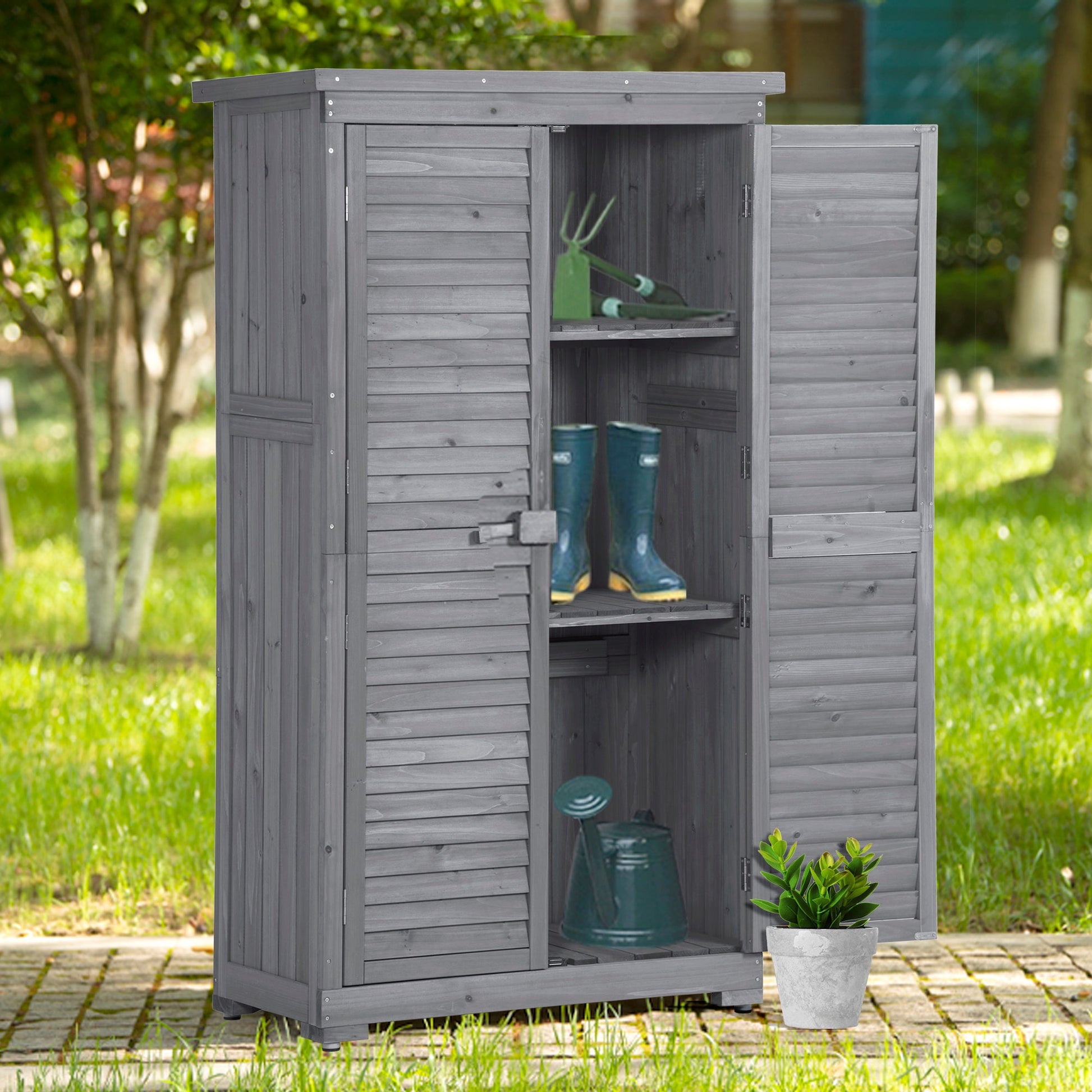 Wooden Garden Shed 3-tier Patio Storage Cabinet Outdoor Organizer Wooden Lockers with Fir Wood (Gray Wood Color -Shutter Design) - Korvel