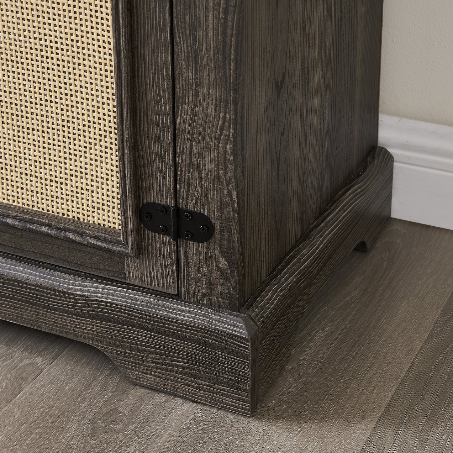 Vine TV stand console table, suitable for TVs under 70 inches, equipped with 2 storage shelves and 2 natural rattan doors, gray - Korvel