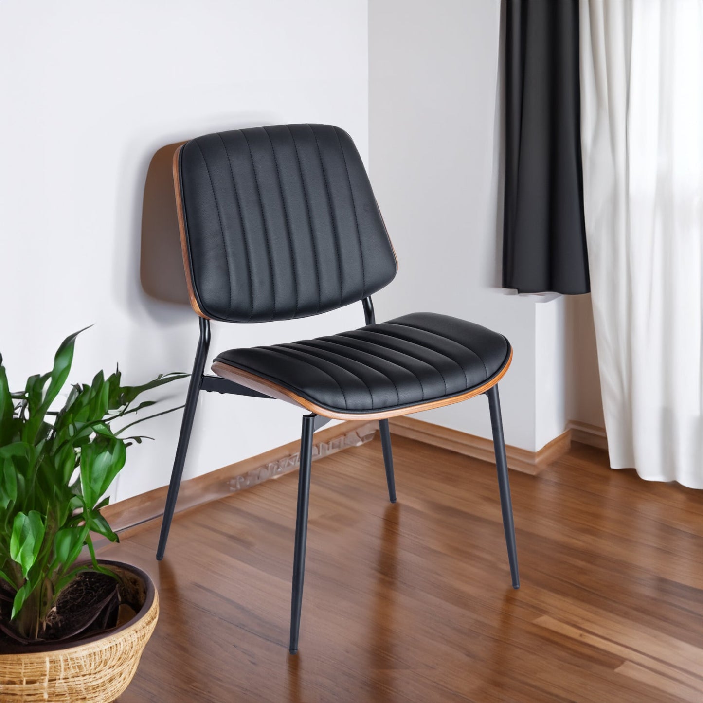 2-piece retro linen chair set with curved wooden backrest, cushioned seat, adjustable metal legs, (Black PU) - Korvel