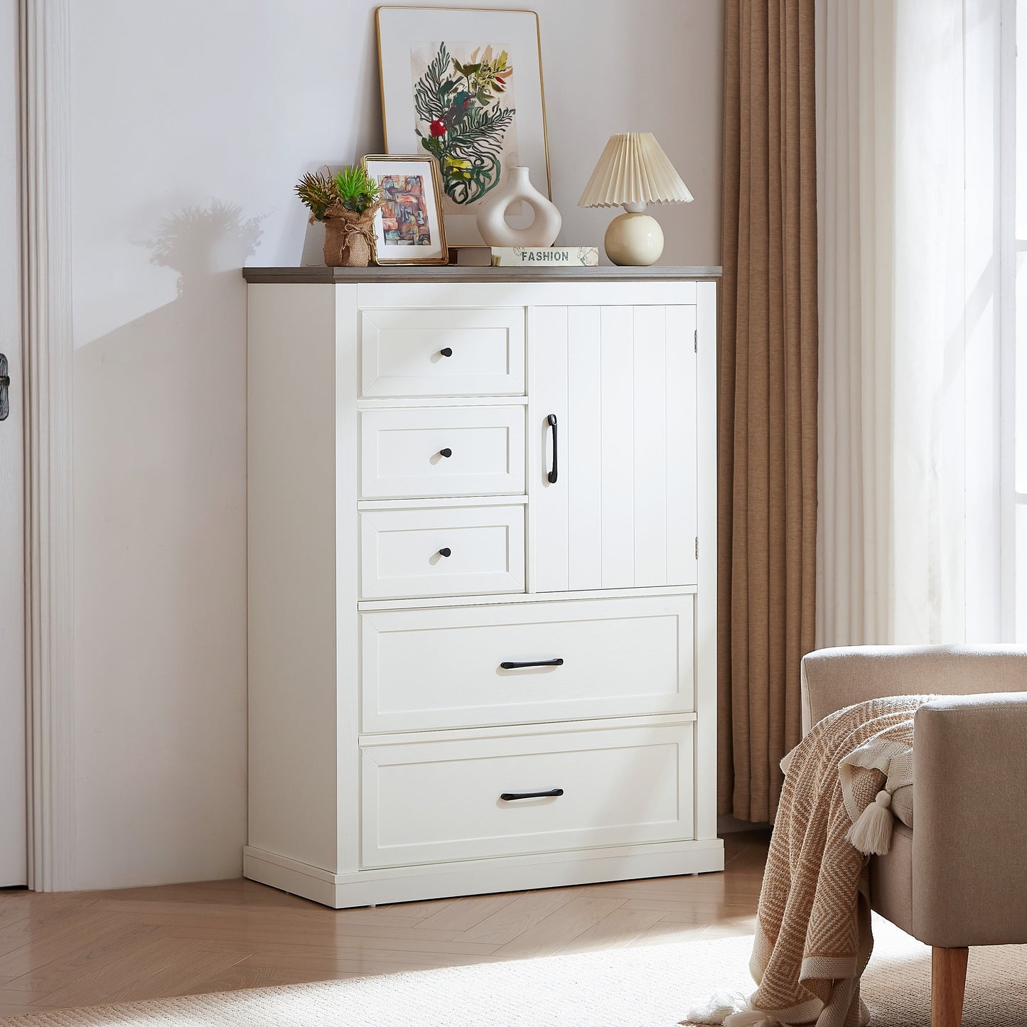 Commode 5 Tiroirs Élégante Ferme en Blanc