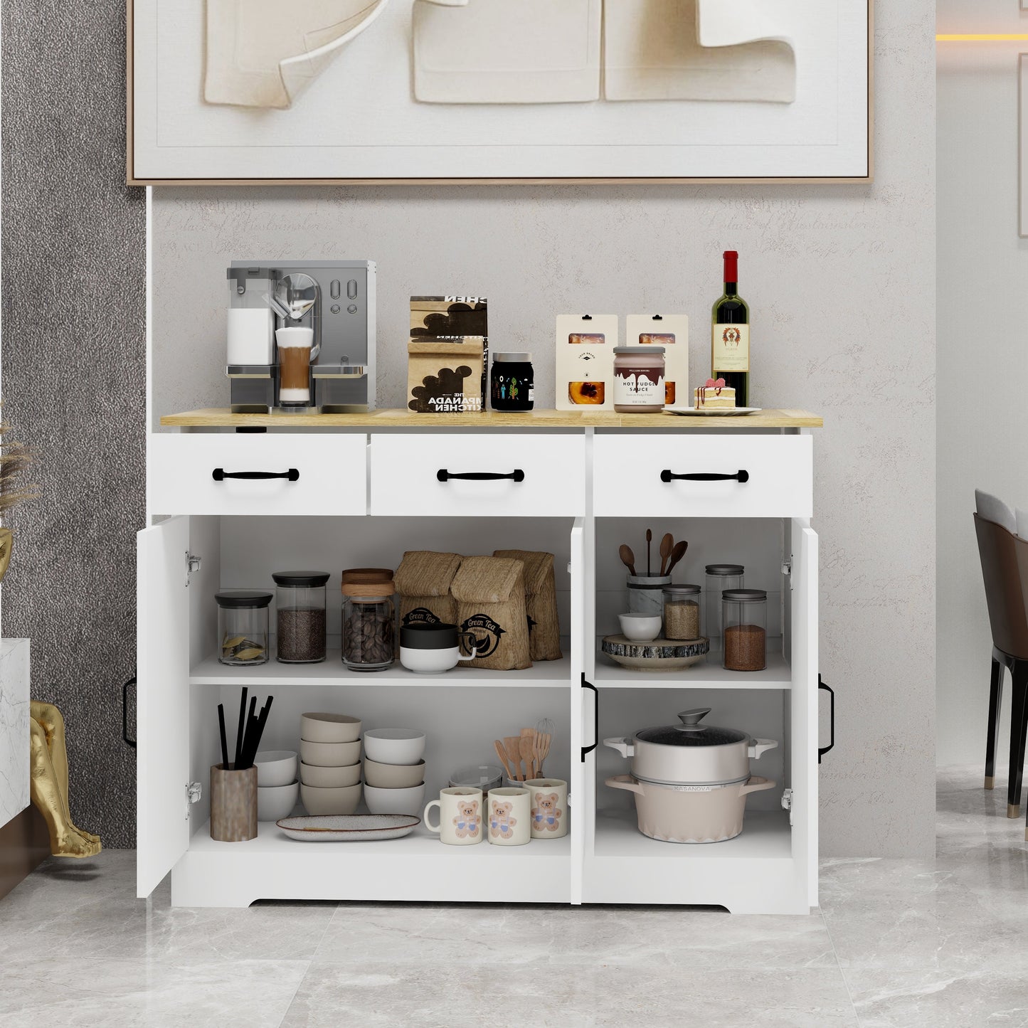 Farmhouse Buffet Cabinet Storage Sideboard with 3 Drawers and 3 Doors for Dining Living Room Kitchen Cupboard-White - Korvel