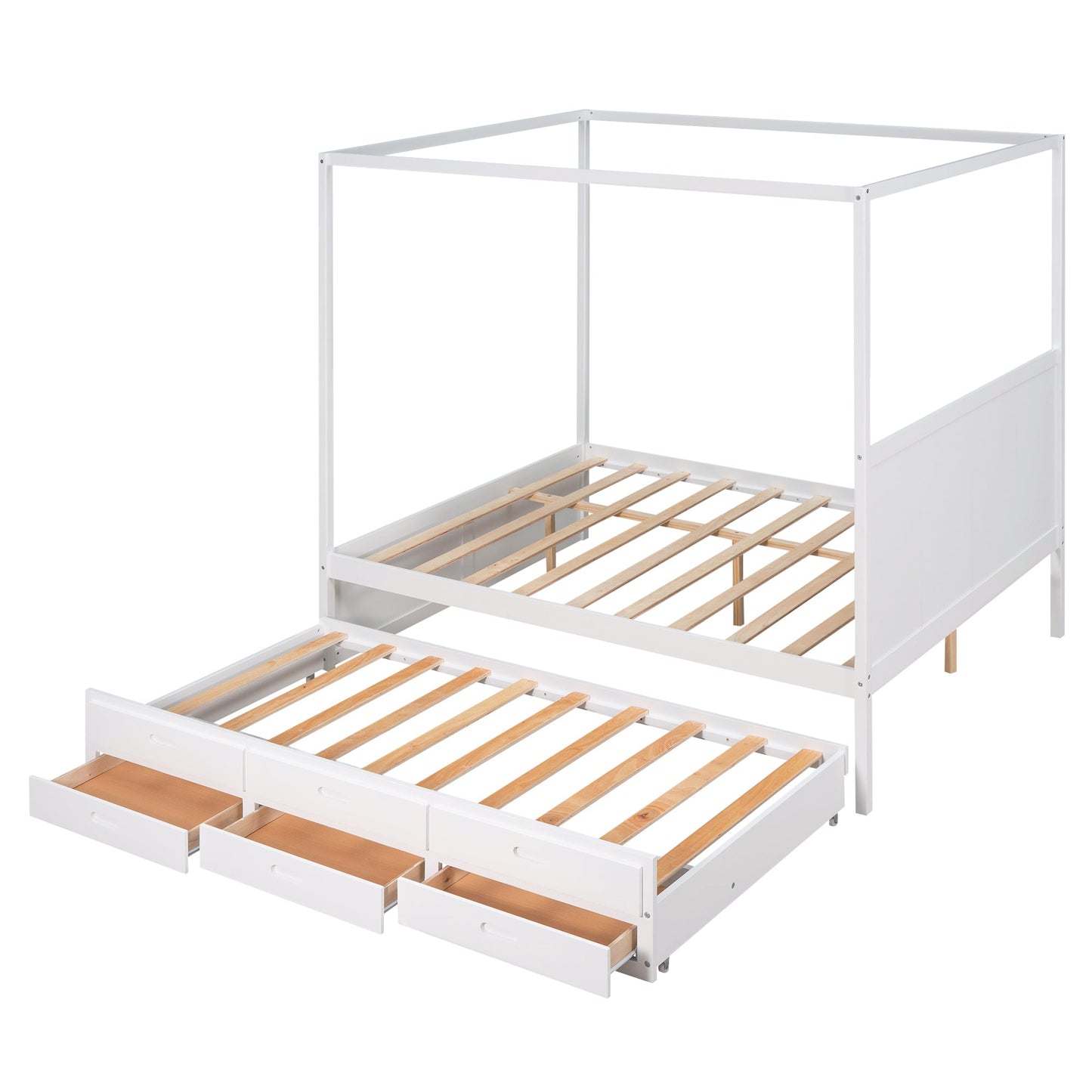 Elegant Queen Size Canopy Platform Bed with Trundle & Storage