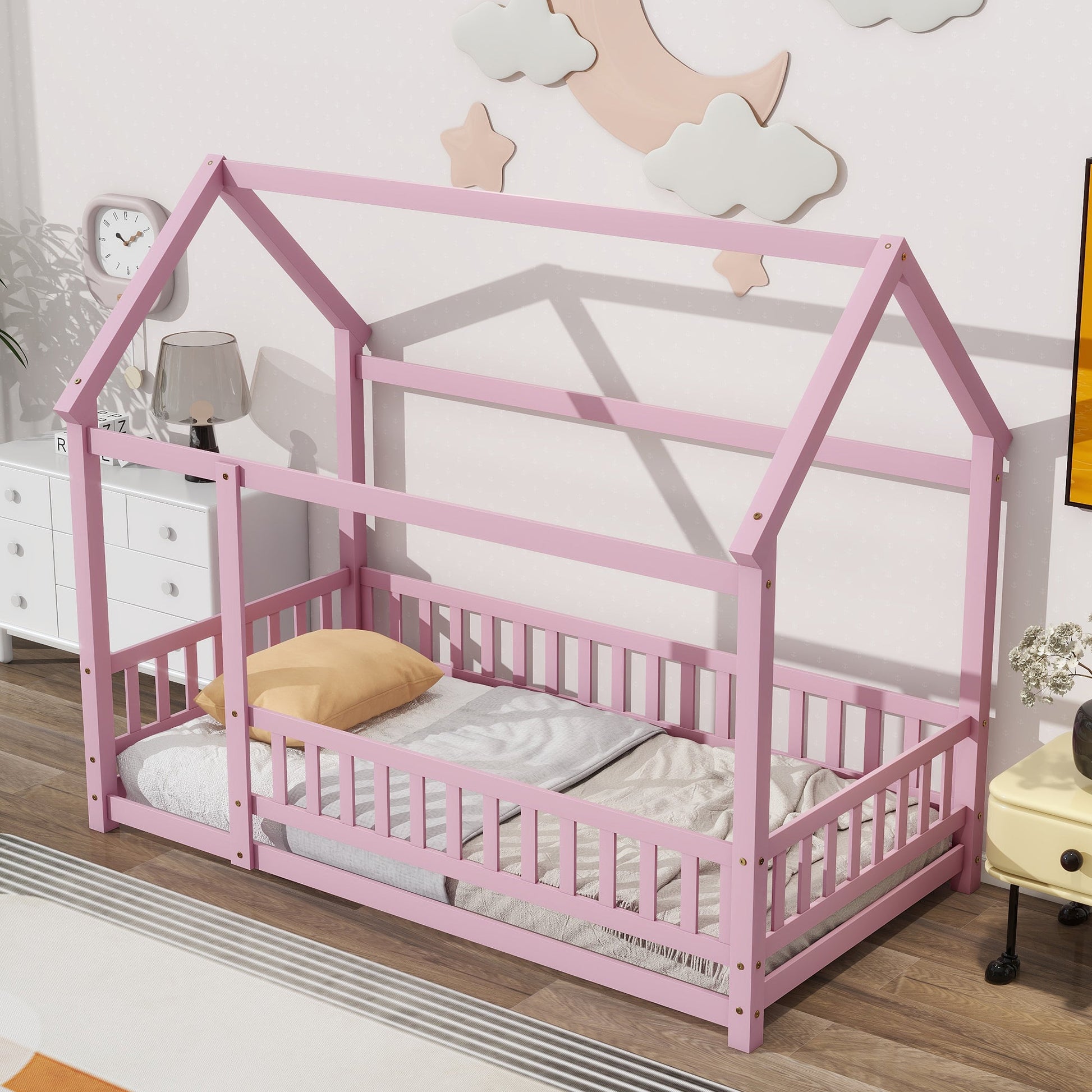 Twin Size Floor Wooden Bed with House Roof Frame, Fence Guardrails,Pink - Korvel