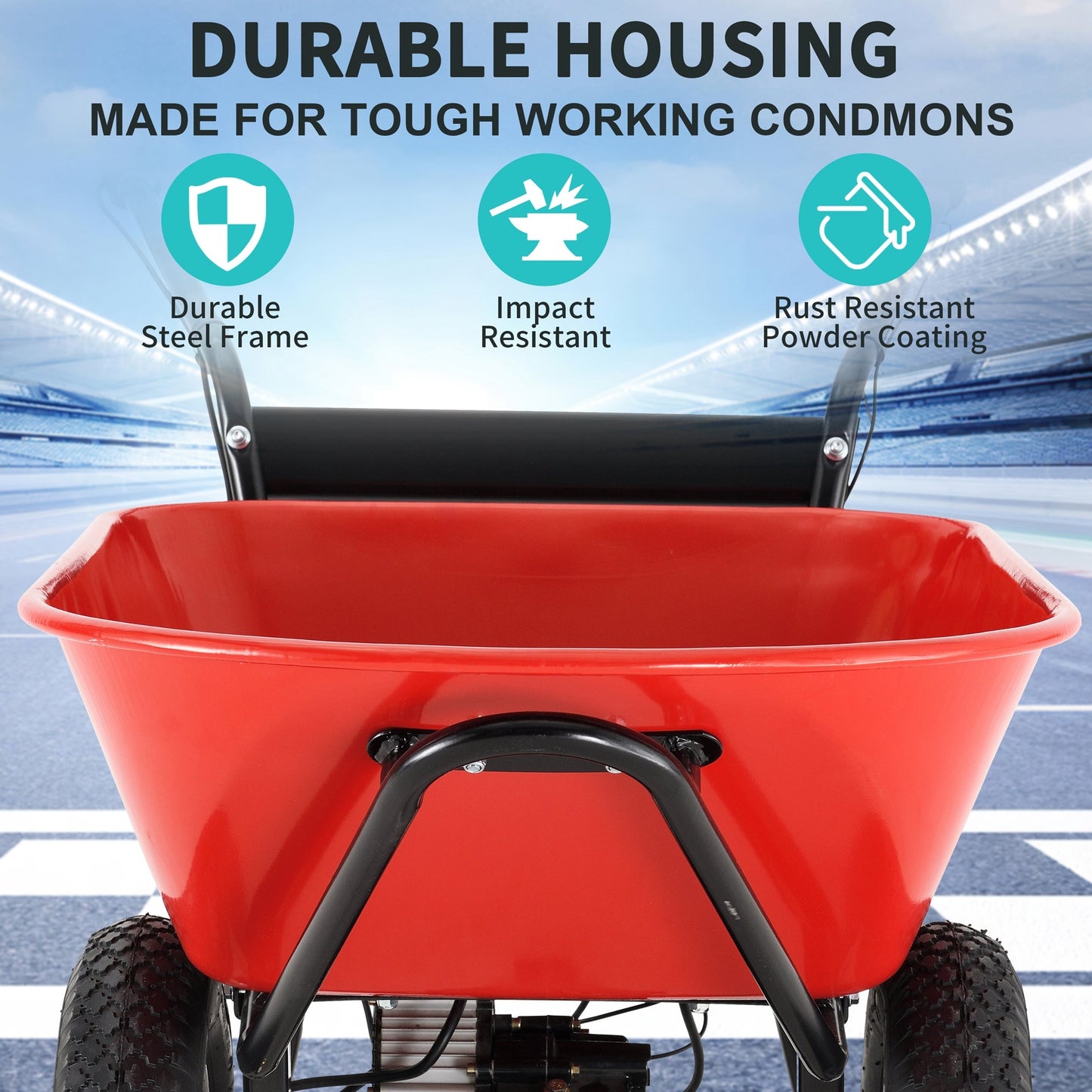 Red Rock Wheelbarrow Utility Cart Electric Powered AGM Battery 330lbs (150kgs) Max Capacity Barrel Dump Material Debris Hauler - Korvel