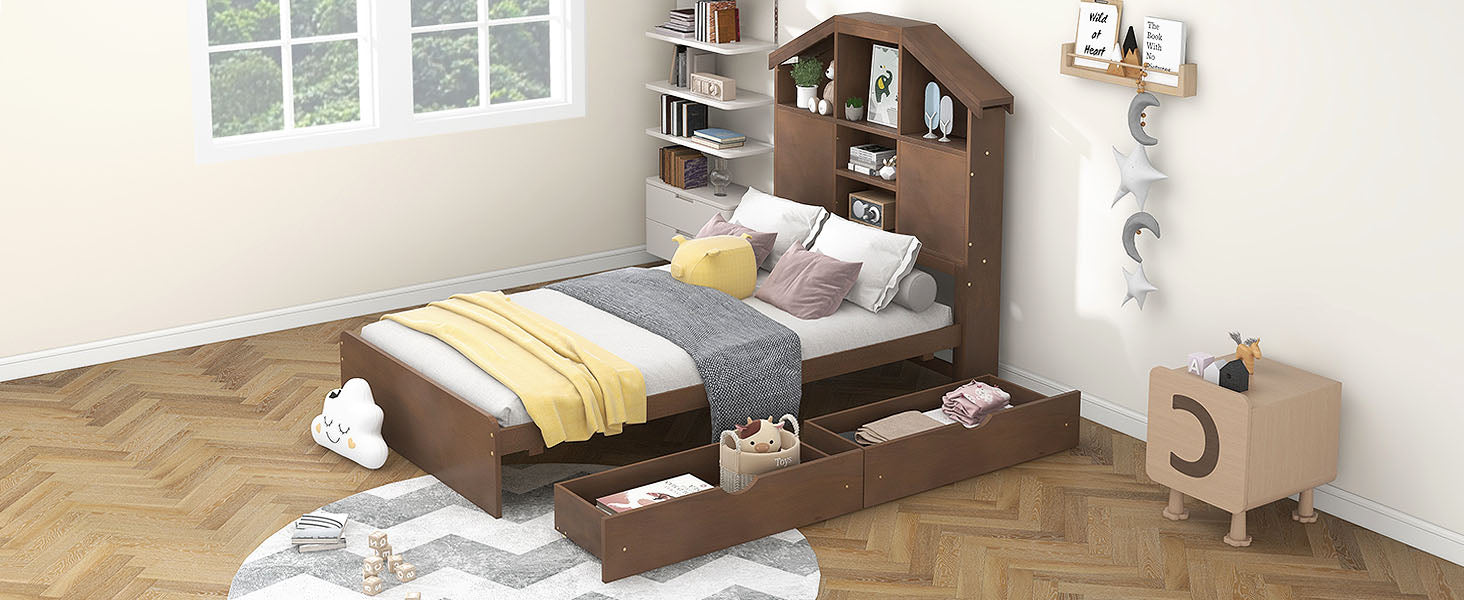 Twin Size Wood Platform Bed with House-shaped Storage Headboard and 2 Drawers Walnut - Korvel