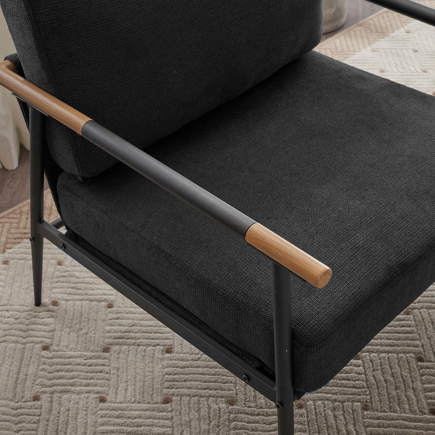 Leisure Lounge Chair Arm Chair with Metal Frame, Upholstered Side Chair Comfy Sitting Chair for Living Room, Black Chenille - Korvel