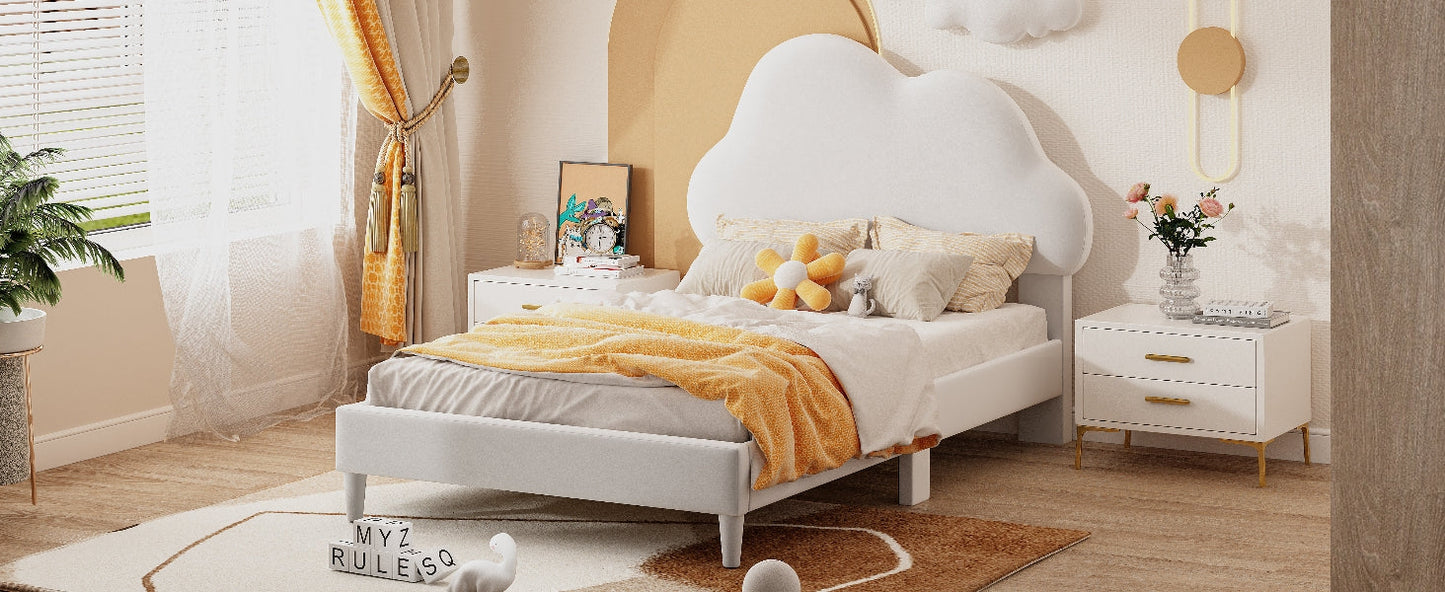 Twin Size Upholstered Cloud-Shape Bed ,Velvet Platform Bed with Headboard,No Box-spring Needed,Beige - Korvel