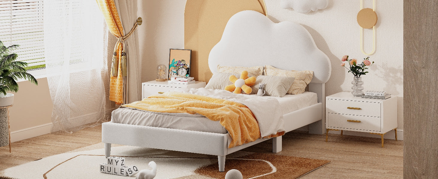 Twin Size Upholstered Cloud-Shape Bed ,Velvet Platform Bed with Headboard,No Box-spring Needed,Beige - Korvel