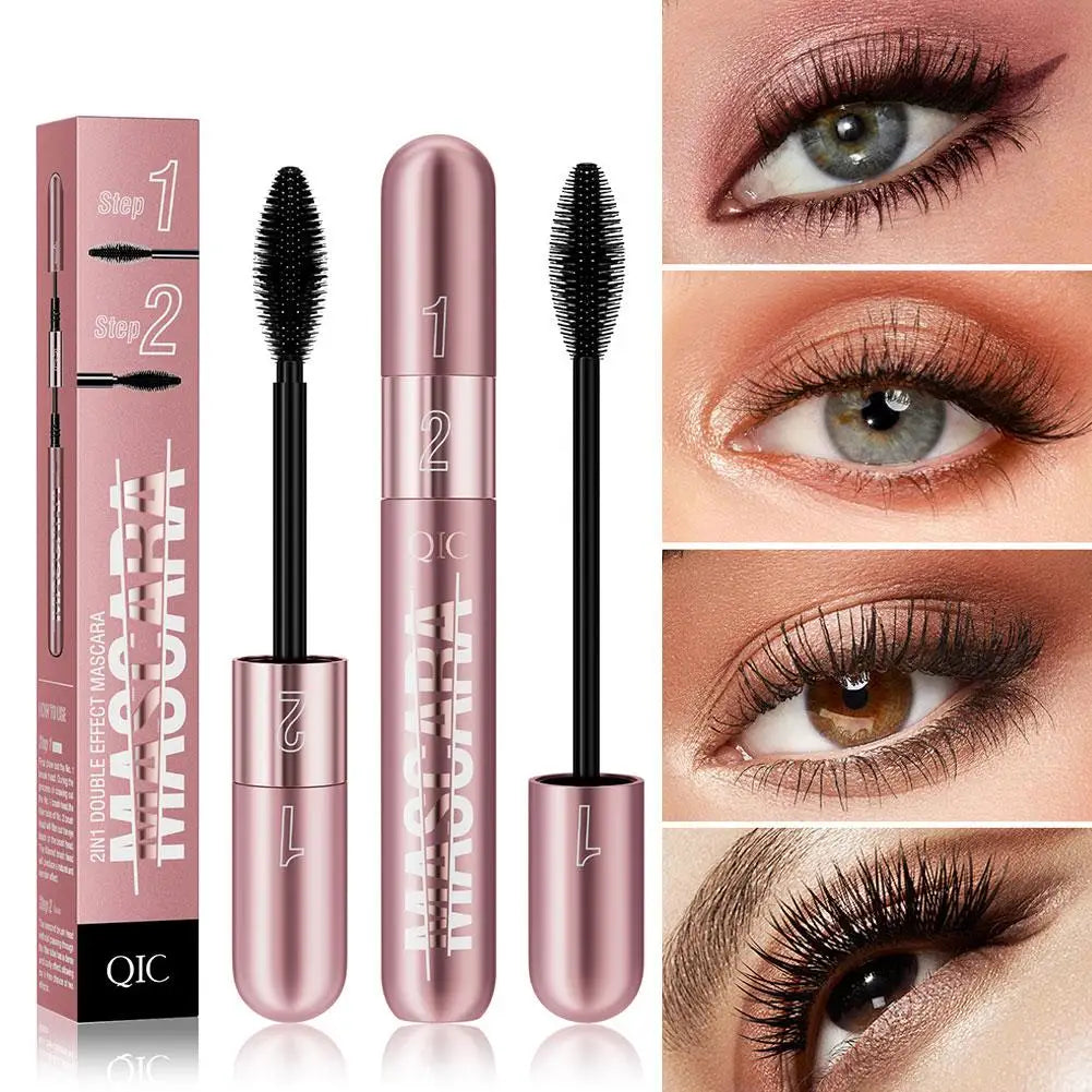 Double Head Black Mascara Waterproof Lengthens Extension Eyelashes Non-smudge Lengthening Volume 5D Silk Fiber Mascara Cosmetics - Korvel