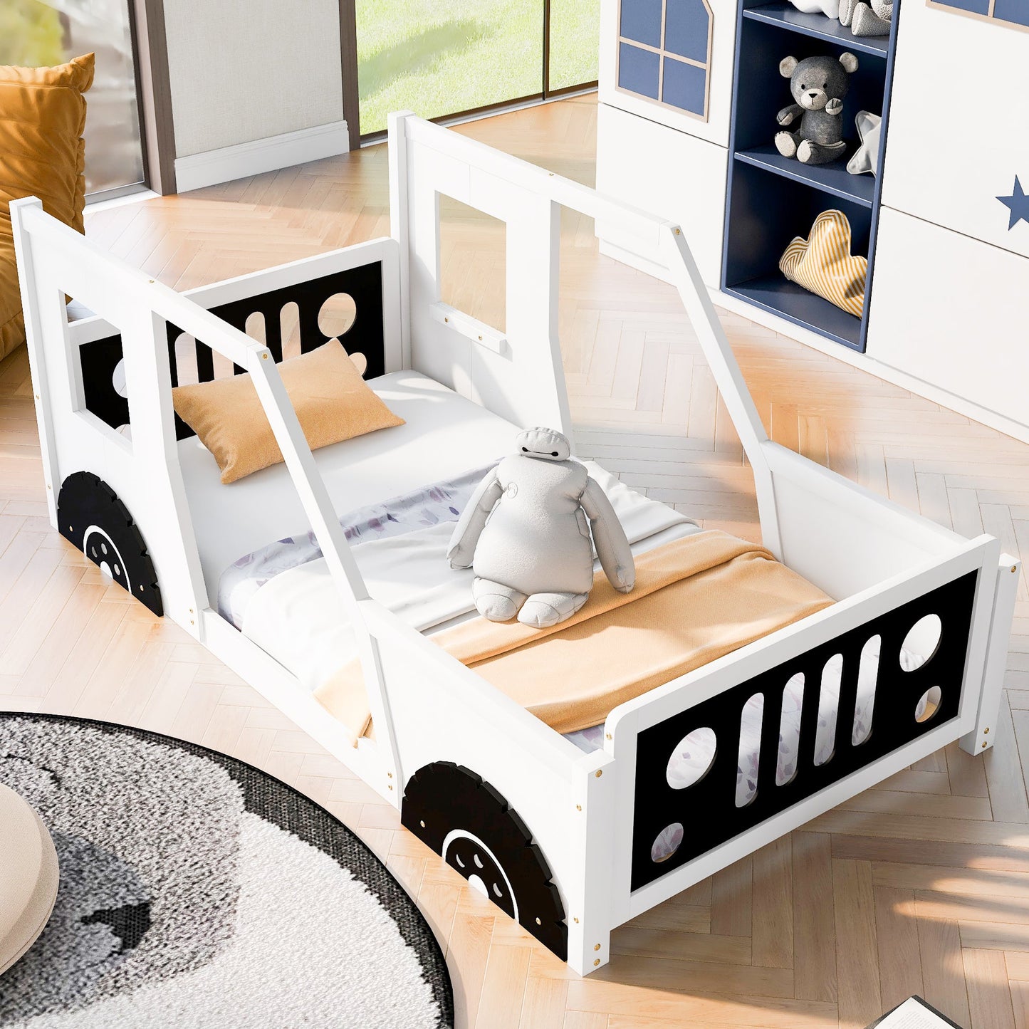 Twin Size Classic Car-Shaped Platform Bed with Wheels - White