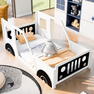 Lit plateforme en forme de voiture classique taille twin avec roues - Blanc