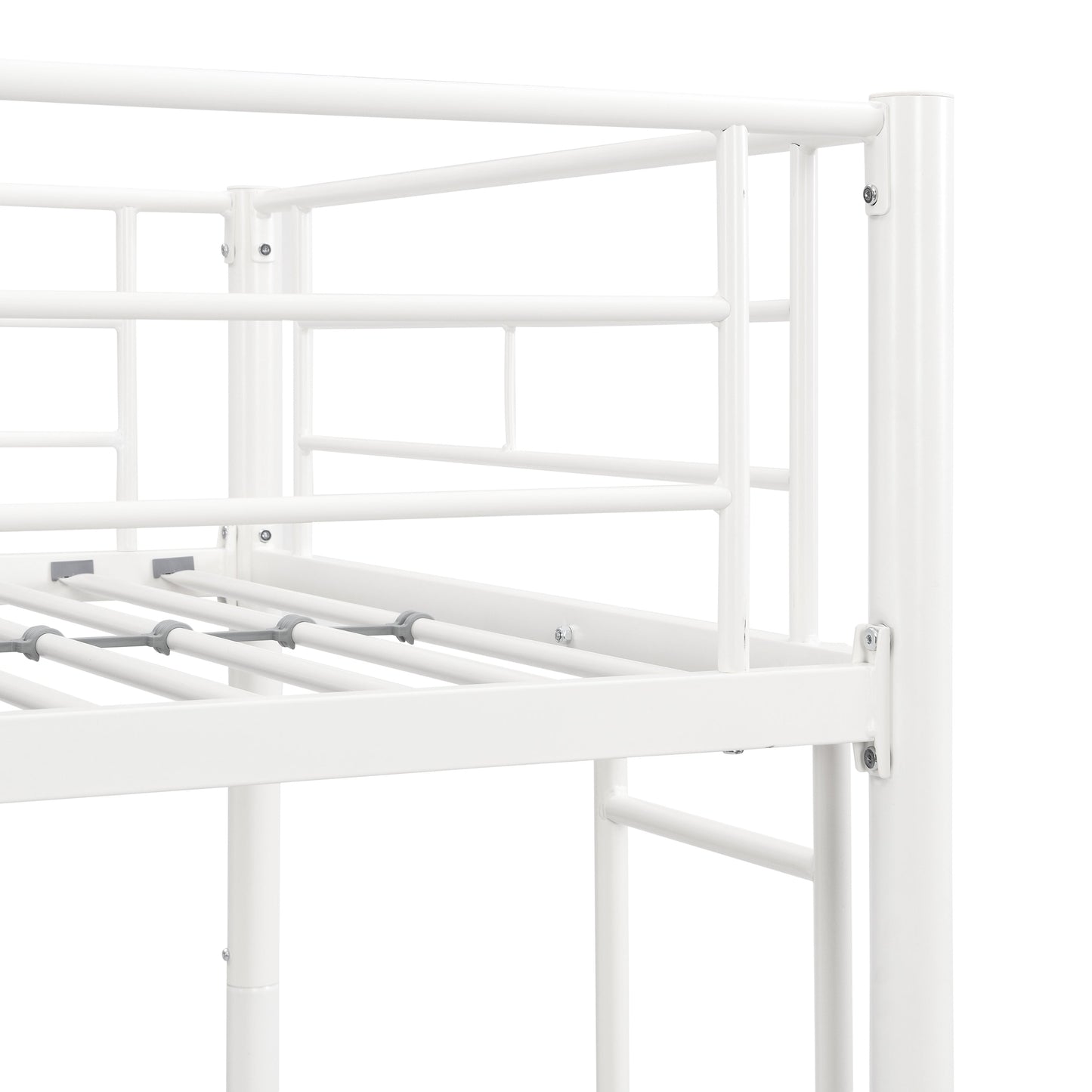 Twin metal bunk beds, metal structure bed frame with safety guardrails and 2 ladders, convertible bunk beds, white - Korvel