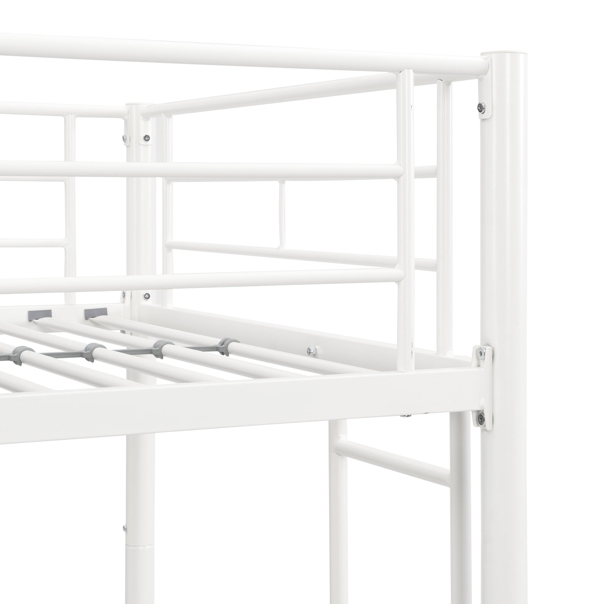 Twin metal bunk beds, metal structure bed frame with safety guardrails and 2 ladders, convertible bunk beds, white - Korvel