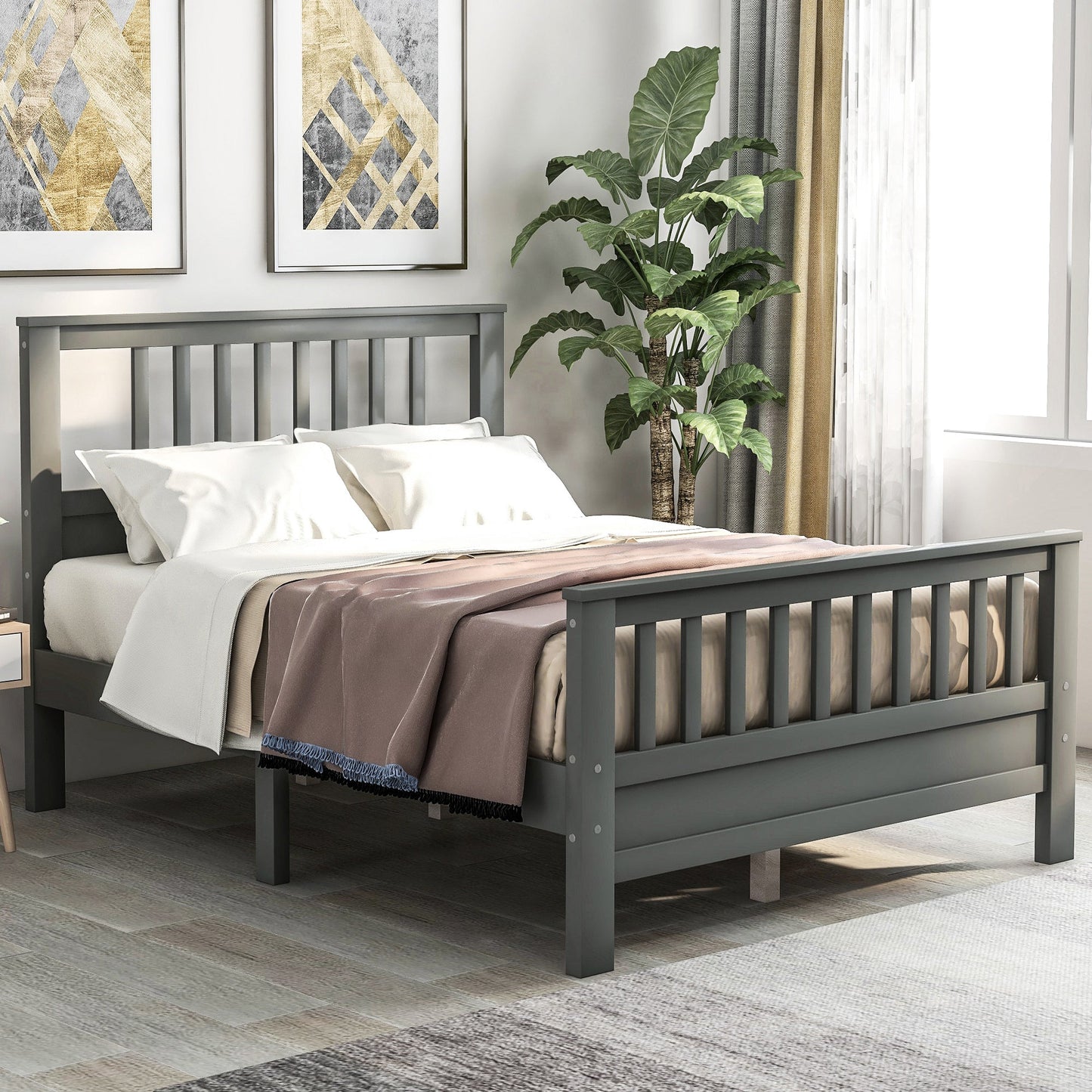 Wood Platform Bed with Headboard and Footboard  Full (Gray) - Korvel