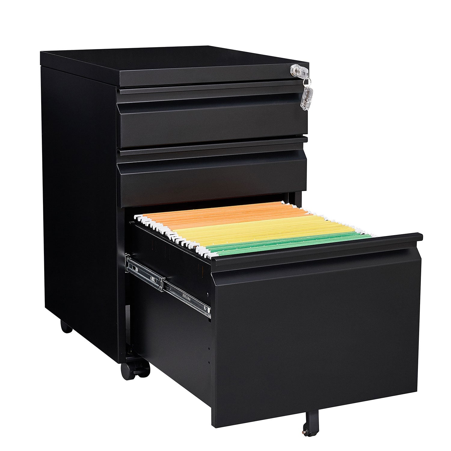 Locked three drawer storage mobile metal filing cabinet with pre installed wheels under the desk filing cabinet - Korvel