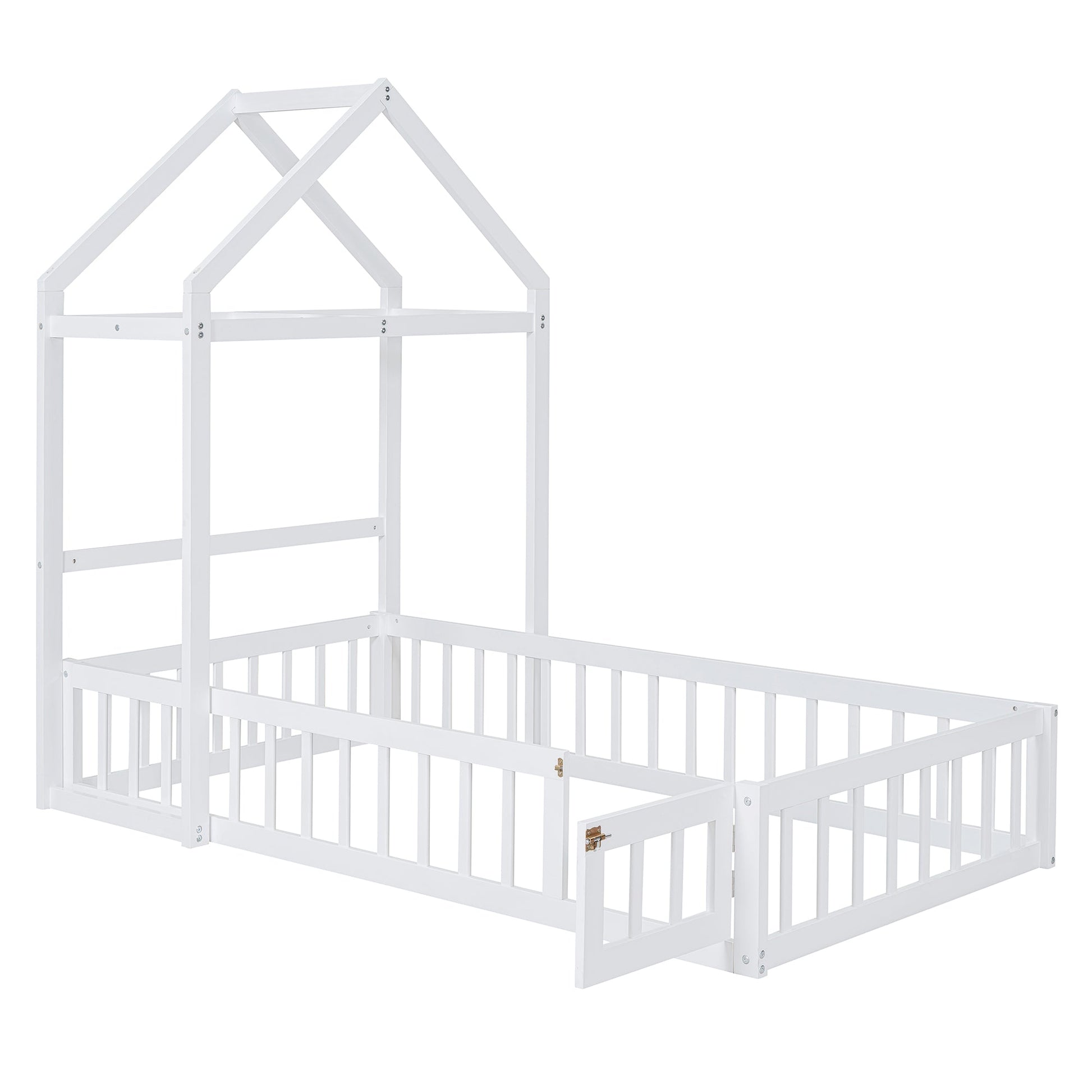Wooden Twin Size Children's Bed with Detachable Headboard and Integrated Clothes Drying Rack, White - Korvel