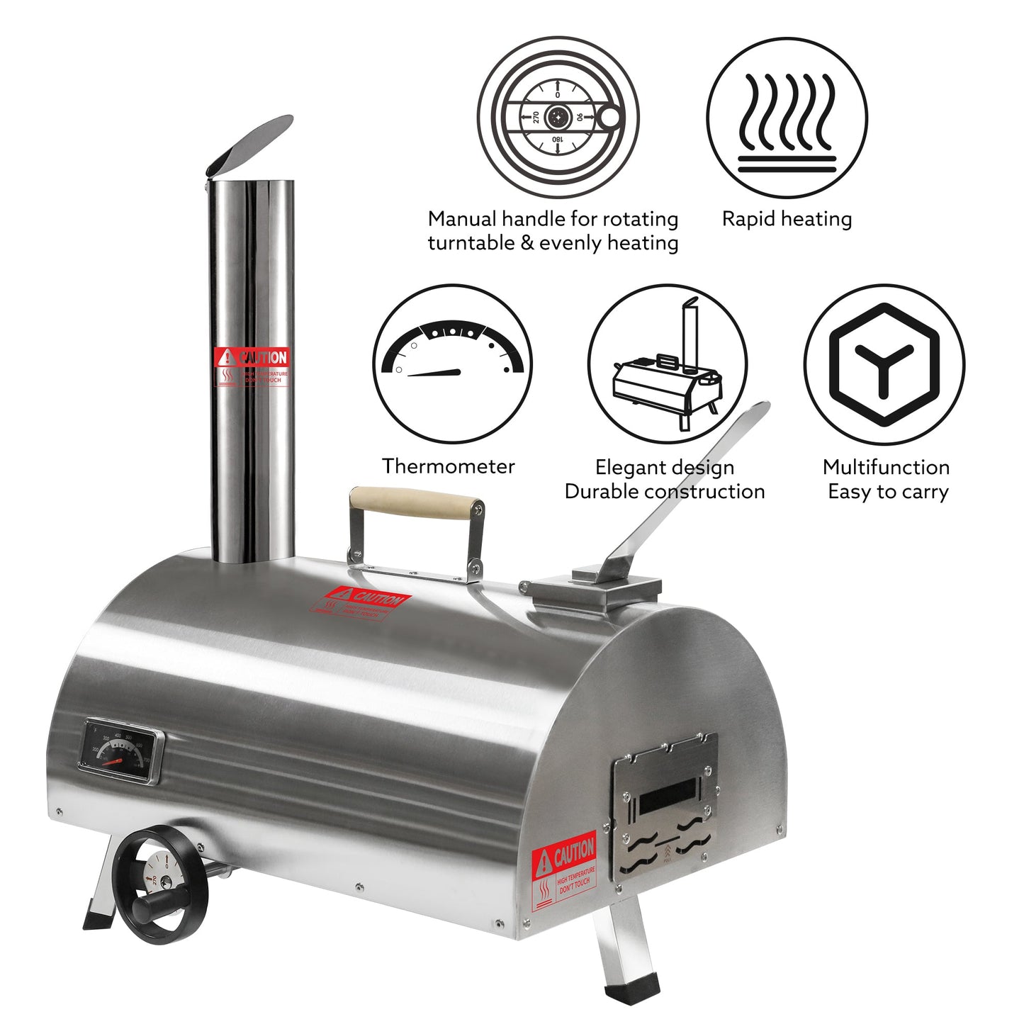 Silver Pizza Oven Outdoor 12" Semi-Automatic Rotatable Pizza Ovens Portable Stainless Steel - Korvel
